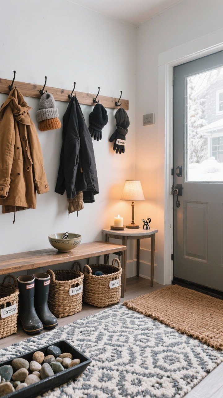 Wide shot of a winter-ready entryway: coir mat outside the threshold and a washable patterned rug just inside, a row of wall hooks with coats, labeled baskets for hats and gloves on a bench shelf, a small table with a warm-glow lamp, a candle, and a ceramic bowl for keys; a boot tray with river stones catching wet shoes; clean, functional, warmly lit from the lamp and cool daylight from the door