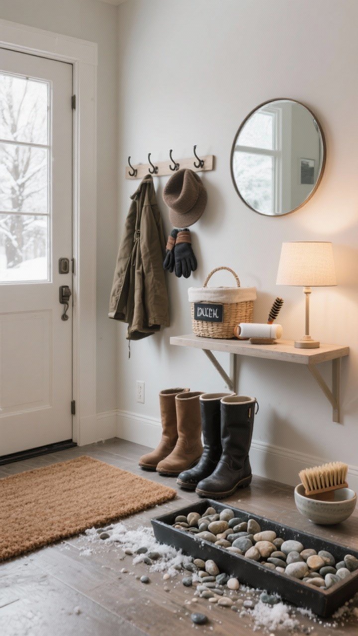 Wide shot of a winter-ready entryway: layered doormats (outdoor scraper mat outside, absorbent indoor mat inside), a boot tray filled with smooth river pebbles elevating wet boots, wall-mounted hooks with coats, a lidded basket labeled for hats and gloves, a medium round mirror above a small console, and a soft lamp creating calm light; lint roller and mini brush tucked in a small bowl; practical and tidy; straight-on view, photorealistic.