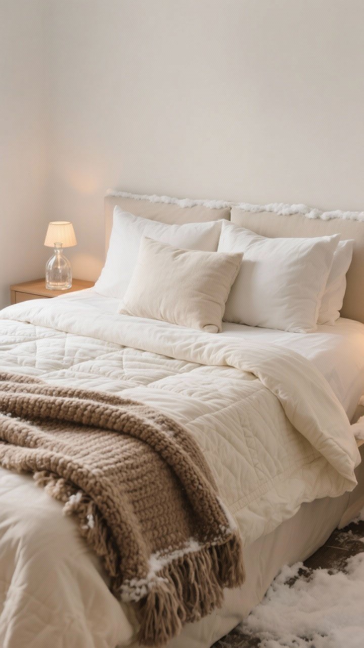 Wide shot of a winter-styled bed: Flannel or brushed cotton base sheets in cream; layered with a medium-weight duvet and a quilt folded at mid-bed; a chunky knit or faux fur throw at the foot for an “Alps hotel” feel; pillow stack with two sleeping pillows plus two euro shams for support; tonal palette—cream on cream with a cocoa throw—accompanied by a glass bedside carafe and a tiny lamp casting warm glow, photorealistic.