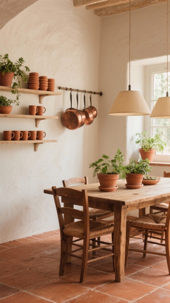 Wide shot of an earthy dining nook with terracotta tile floors, soft oat or ivory walls, and a rustic wood table; terracotta planters with herbs, clay mugs stacked on open shelves, and copper cookware hanging from a rail; abundant natural light with creamy lampshades adding a warm glow to prevent heaviness.