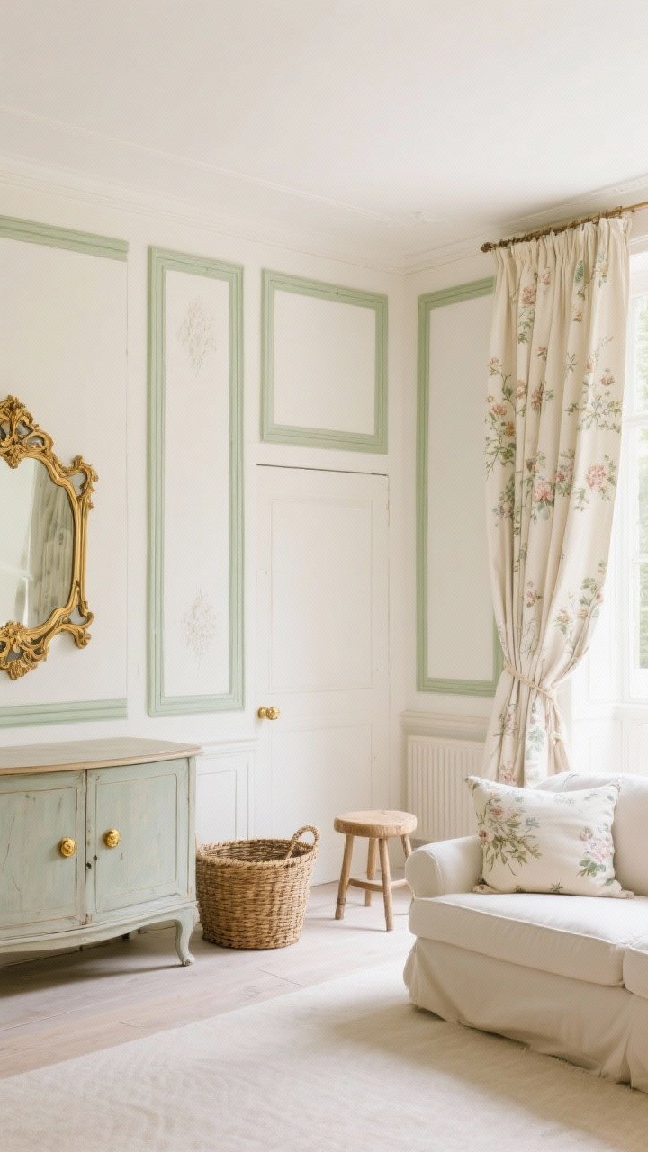 Wide shot of an elegant French-cottage living room: cream walls with pistachio trim (or reversed on built-ins), linen drapes, delicate floral and toile fabrics on cushions, antiqued vintage gold knobs on a cabinet, ornate gilded mirror, and a rustic woven basket by a simple stool to keep it grounded; bright, even natural light.