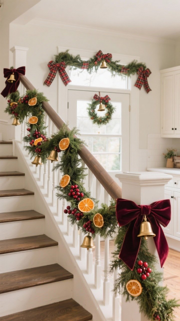 Wide shot of an entry stairway and windows dressed with natural garlands: swagged low and wide along the banister, velvet ribbon tied at each post, dried orange slices, cranberries, and small brass bells interwoven. A simple swag over a window with bells at the ends, and mini wreaths with plaid ribbon on kitchen cabinet doors in the background. Soft daylight with warm interior accents.