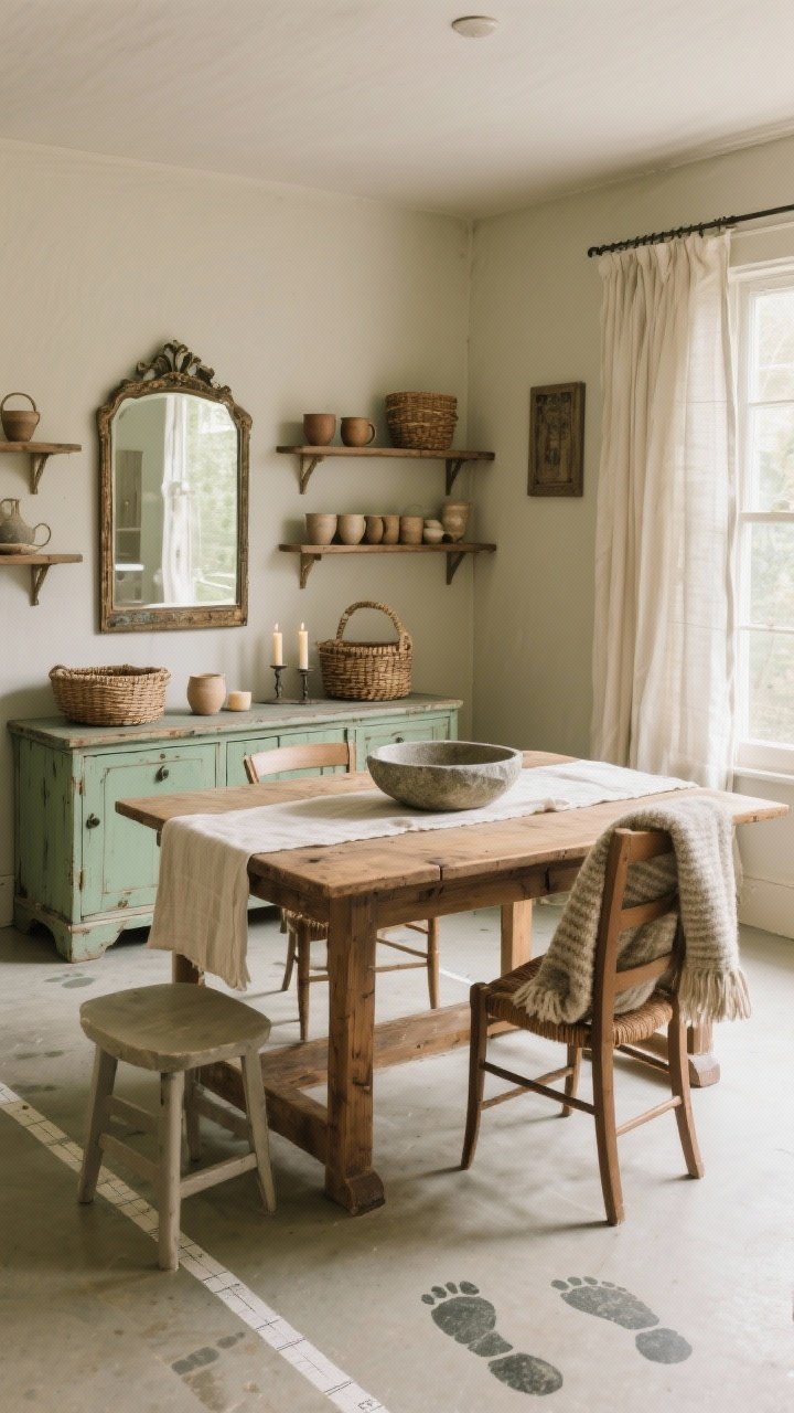 Wide shot of an intentionally collected space: vintage credenza with an antique mirror above, solid wood farmhouse table, linen runner, and stone bowl centerpiece; shelves styled with hand-thrown mugs, woven baskets, and small-batch candles; emphasis on durable materials (wood, wool throw on a chair, linen curtains, stone accents); taped-out footprint marks subtly visible on the floor near a new chair placement to hint at test-driving layouts; warm neutral palette with soft greens; natural daylight with gentle shadows; photorealistic, corner angle.