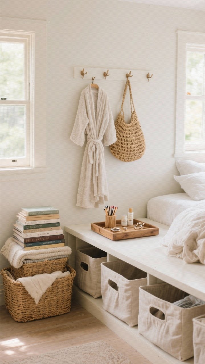 Wide shot of simplified, pretty storage in a cottagecore bedroom: linen-covered under-bed bins partially pulled out, wall pegs holding a robe and woven bag, seagrass baskets stacked with books and extra throws, and a wooden tray catchall on the nightstand corralling matches, hand cream, and jewelry; tidy, airy feel, warm daylight, photorealistic.
