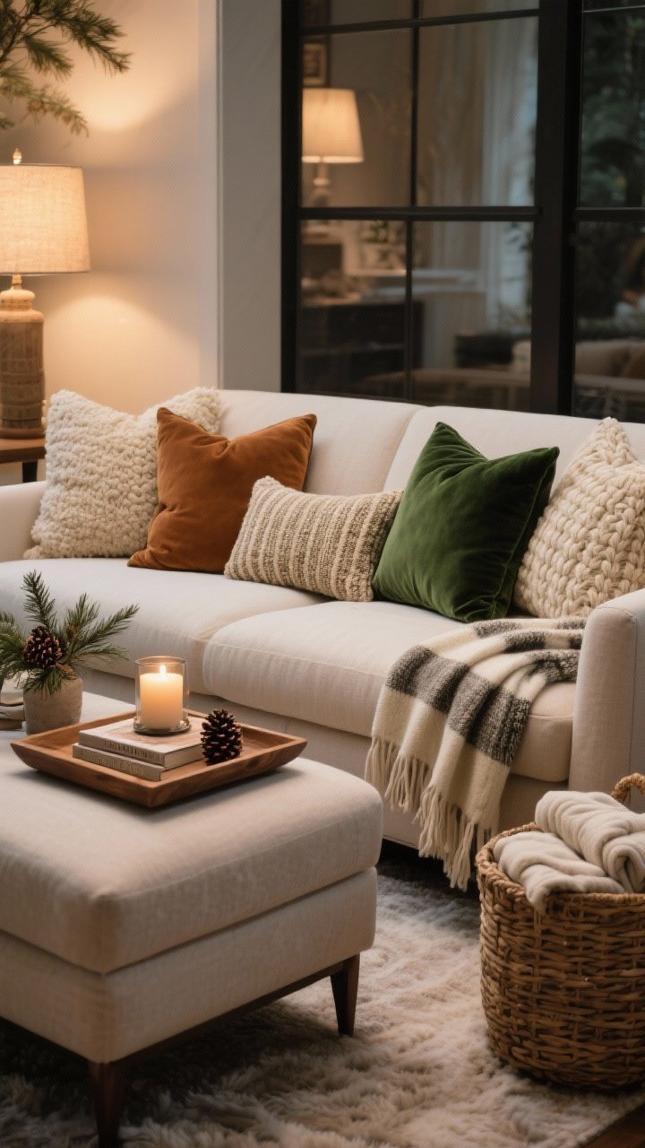 Wide shot, straight-on: A winter-ready sofa arrangement as a cozy command center—2-2-1 pillow formula in cream, caramel, and forest green: two large velvet pillows at each end, two medium boucle and cable-knit in the middle, and one lumbar in textured stripe; one throw draped over the arm, another neatly folded over the back; a woven basket nearby with extra blankets. On the ottoman, a wood tray styled with a lit candle, a hardback book, and a small plant with pinecones. Warm, dim lamp light, photorealistic.