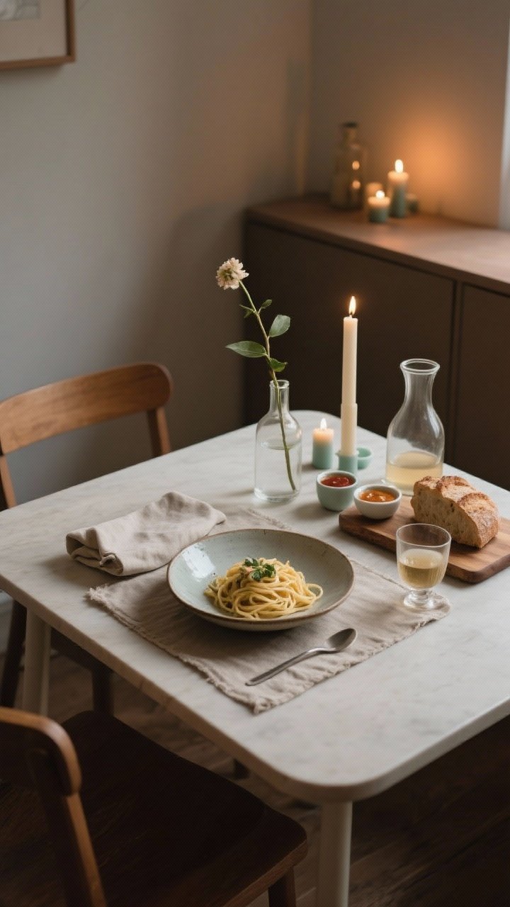 Wide shot, straight-on dining scene: A small dining table set for one as an occasion—layered basics including a neutral placemat, a linen napkin, and a favorite ceramic plate; a single-stem centerpiece (one flower or leafy branch) in a clear bud vase; taper candles and a few unscented tealights creating low, dimmed ambience; a shallow bowl ready for pasta, a wooden board with bread, and a simple glass carafe; sauces decanted into small dishes, drink poured into glassware; warm, intimate lighting and an inviting, slow-meal mood
