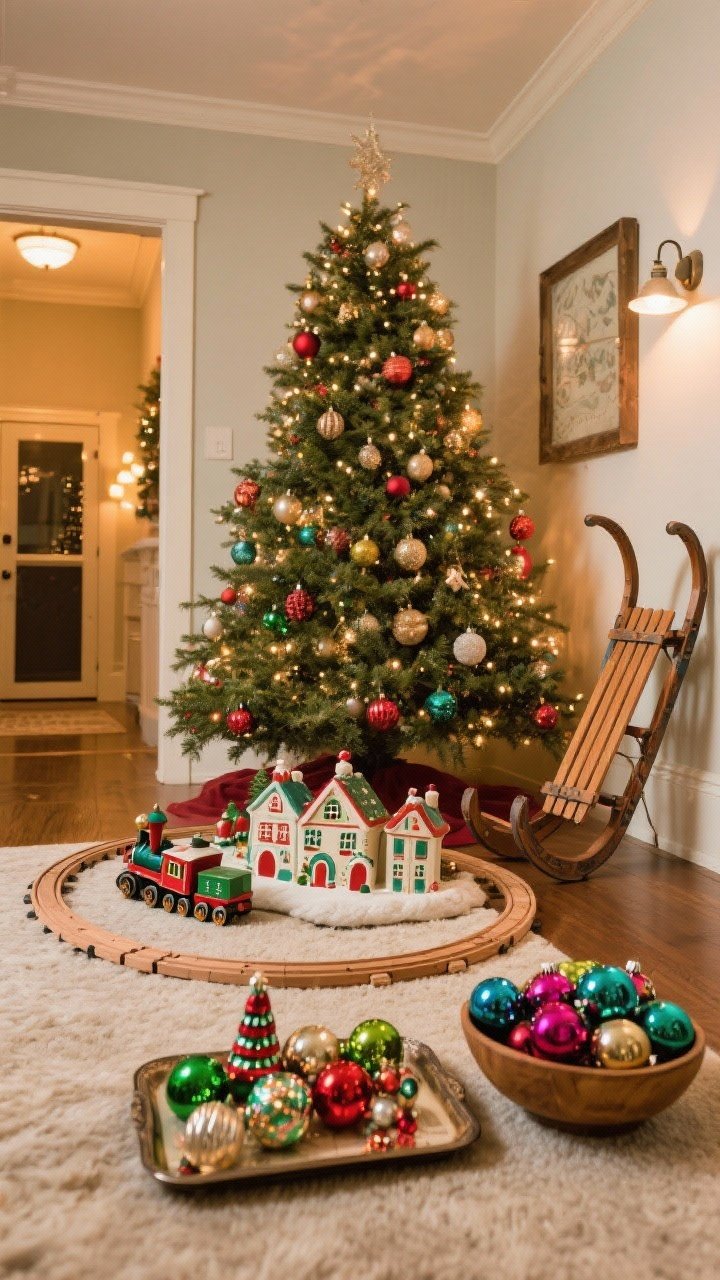 Wide shot under the Christmas tree featuring whimsical vintage touches: a wooden train set circling the base, a retro ceramic Christmas village on a tray to keep it contained, and a bowl of colorful Shiny Brite ornaments sparkling. One spotlight statement—an antique sled leaned in the entryway beyond. Warm, cozy glow with tree lights reflecting off ornaments.