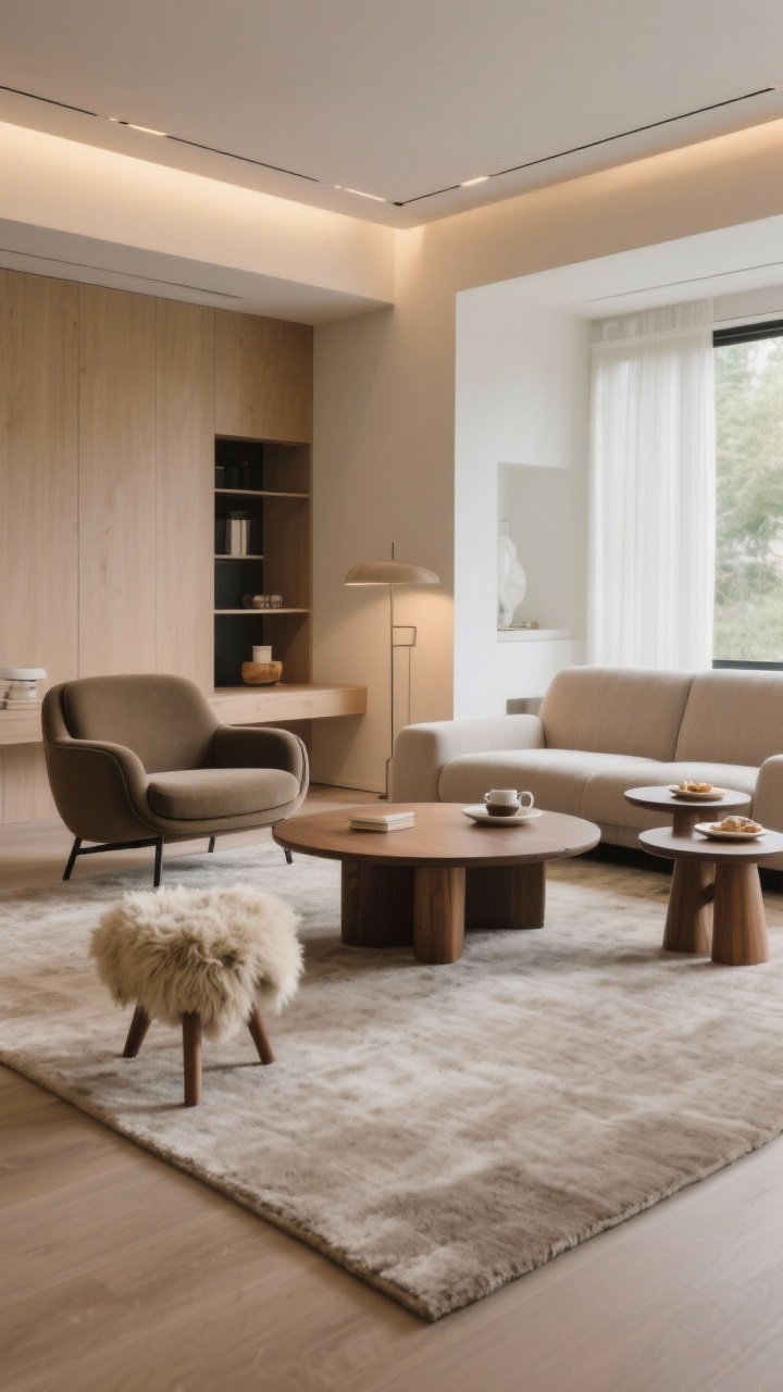 Wide shot: Zoned lounge area within a living room—front legs of a deep armchair and loveseat anchored on a greige area rug; low, soft-edged matte wood coffee table centered, with two round nesting tables to the side for tea and snacks; small sheepskin thrown over a stool for extra seating; warm, glare-free lighting, photorealistic.