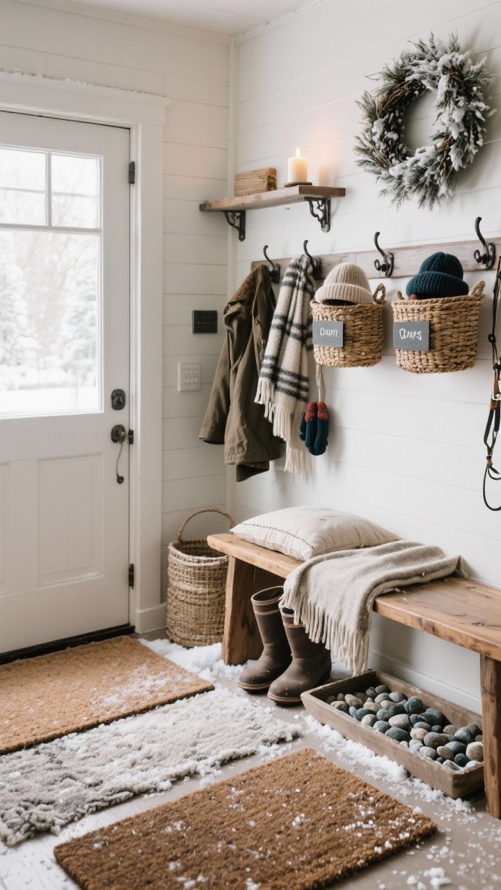 Wide straight-on shot of a cozy entryway prepped for winter: layered mats with a rough outdoor mat outside and a soft indoor rug inside, heavy-duty wall hooks holding coats and scarves, woven baskets labeled for hats, mittens, and dog leashes, a sturdy wooden bench with a cushion and throw, a pebble-filled boot tray catching meltwater, and a winter wreath plus a candle on a narrow shelf; practical, inviting mood.