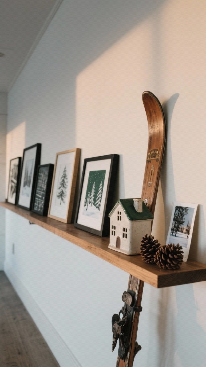 Wide straight-on shot of a winter gallery ledge: a shallow wood picture ledge holds mixed formats—black frames, a small canvas, and a few frameless postcards. Found objects lean in: a vintage ski, a ceramic house, and tucked pinecones. Cohesive color story of charcoal, cream, forest green, and warm wood. Removable-shelf look with seasonal winter prints. Soft evening light, photorealistic, uncluttered.