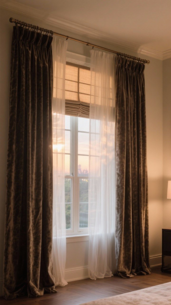 Wide window wall shot: layered window treatments. Inside layer: sheer panels softly diffusing daylight. Outside layer: heavier velvet or linen-blend drapes on a wider rod, hung high and wide. Add Roman shades or thermal lining visible at the top for insulation. Early evening glow, room feels warmer and more private.