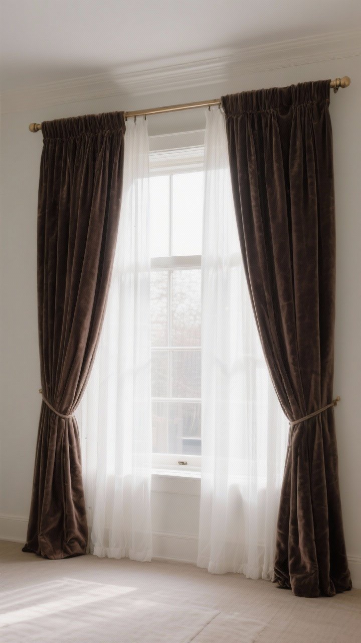 Wide window wall with heavier winter drapery: deep taupe velvet panels on outer rods and white sheers on an inner rod; drapes mounted high and wide to elongate the window, lightly touching the floor; lined construction visible in folds; morning light filtering through sheers while velvet frames the view; calm, insulating feel.