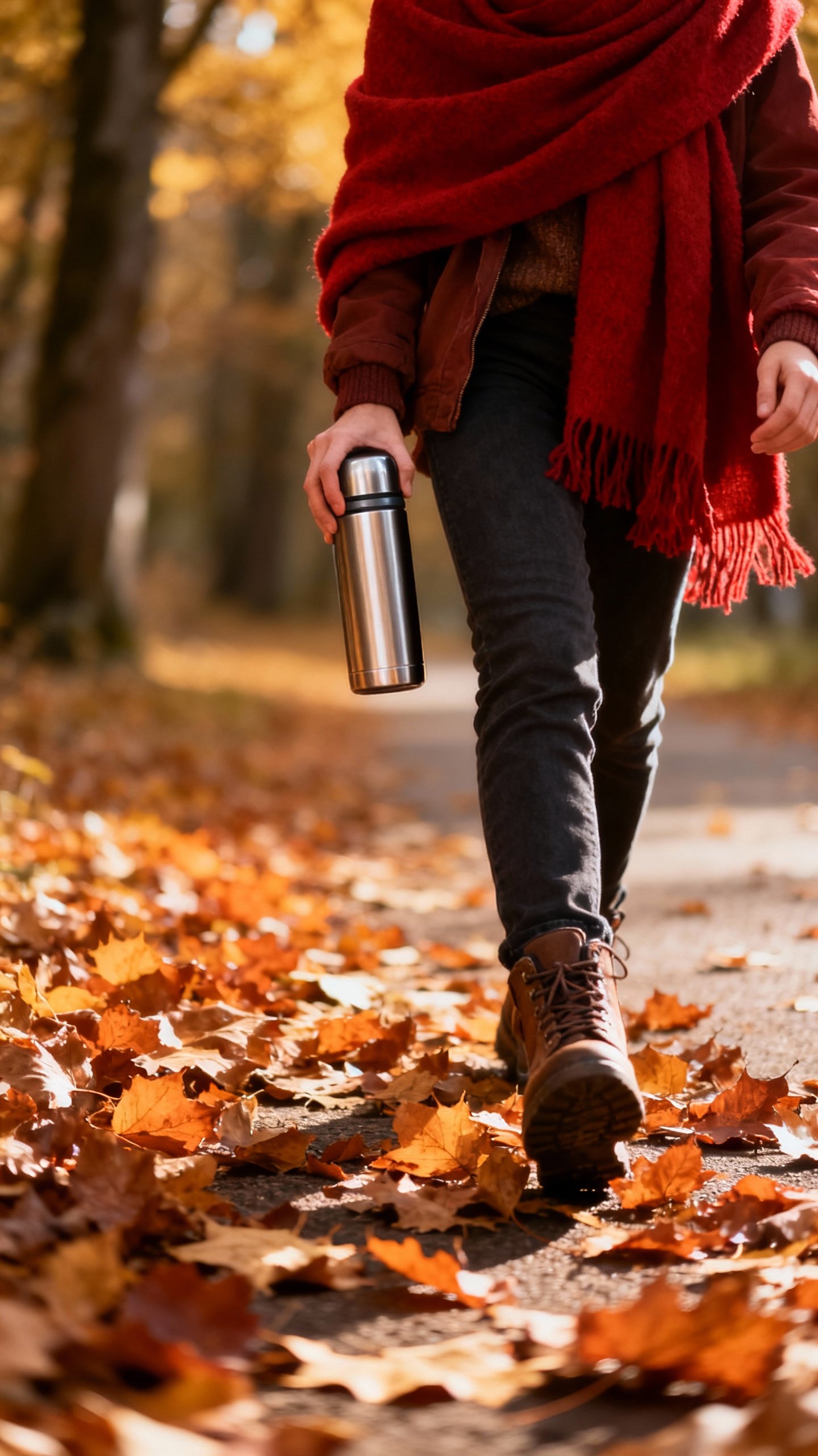 Autumn walk scene, scarf-wrapped person holding thermos, crunchy leaves under boots