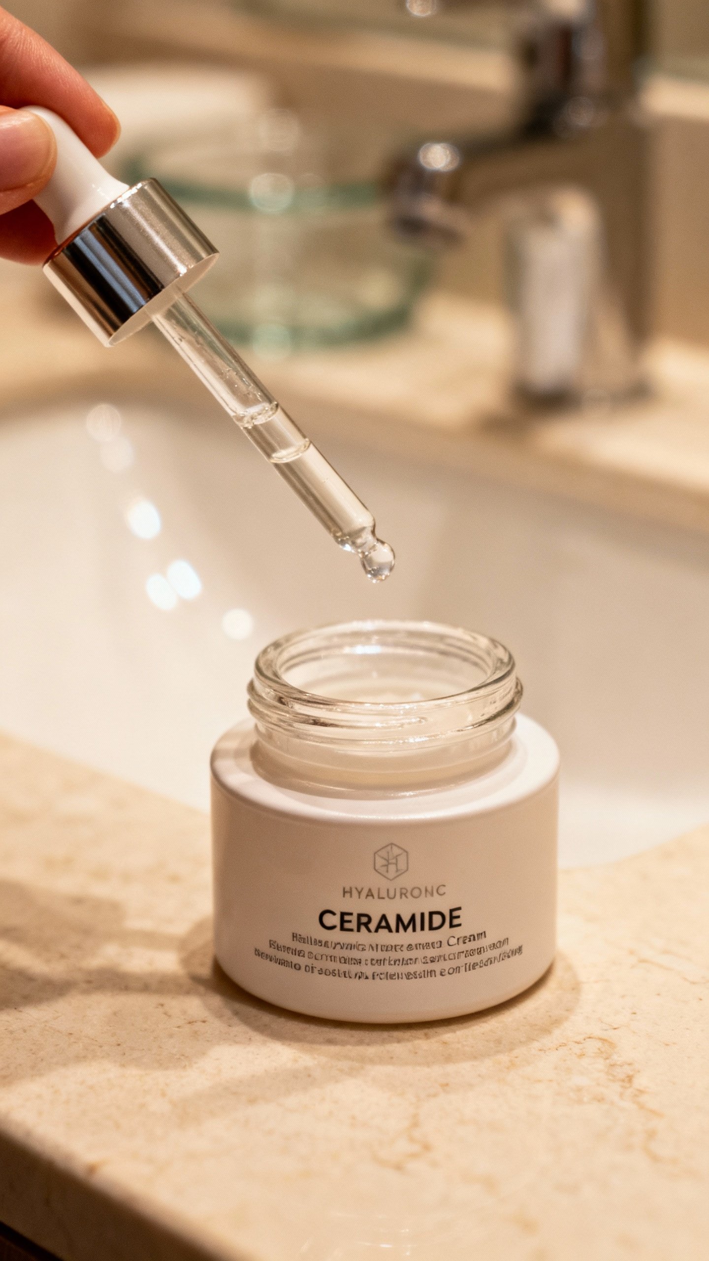 Bathroom counter closeup: hyaluronic serum dropper over ceramide cream jar
