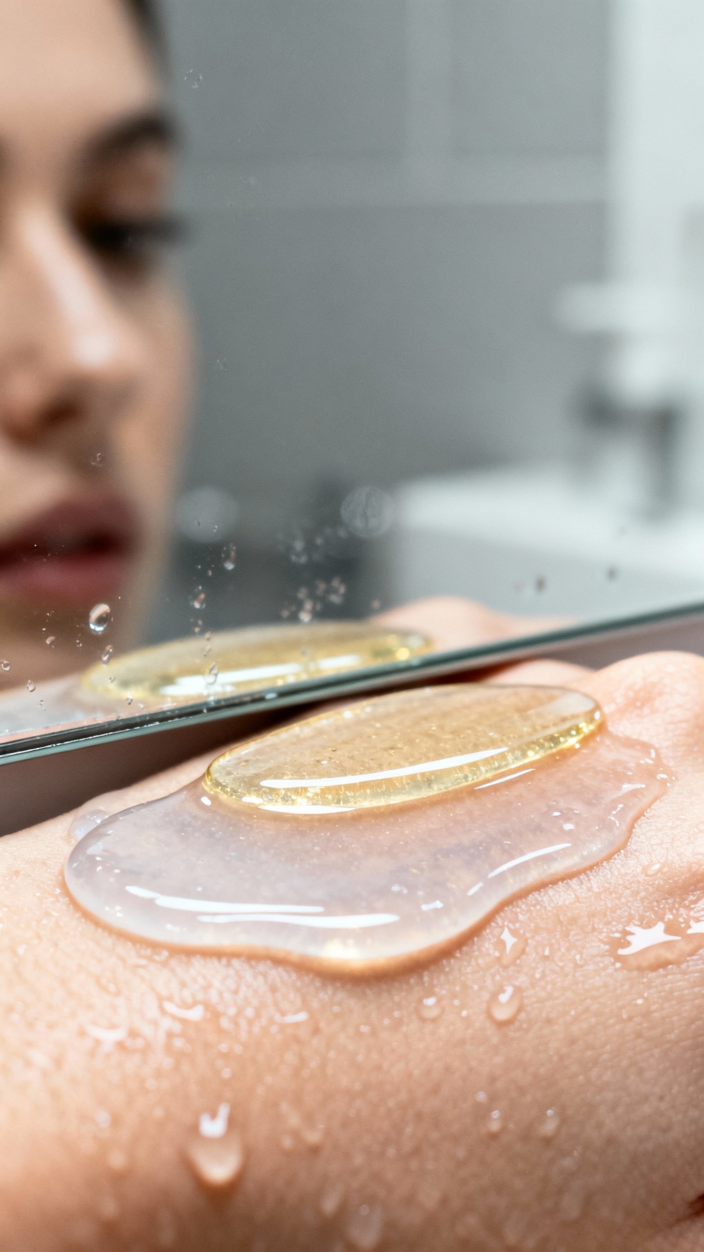 Bathroom mirror closeup: layering hyaluronic serum then facial oil on damp skin