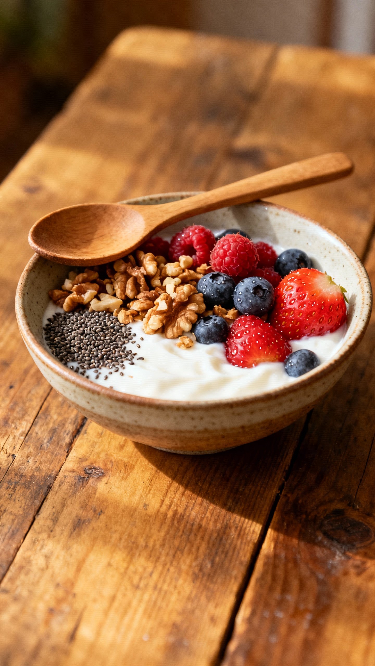 Breakfast closeup: Greek yogurt with berries, walnuts, chia, spoon on rustic table