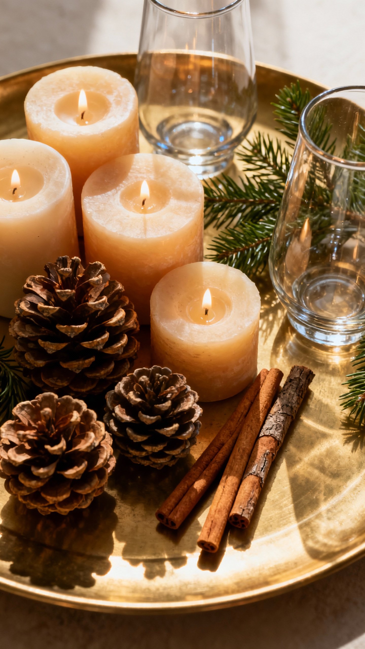 Candle cluster on brass tray with pinecones, cinnamon sticks, hurricane jars, evergreen sprigs, soft