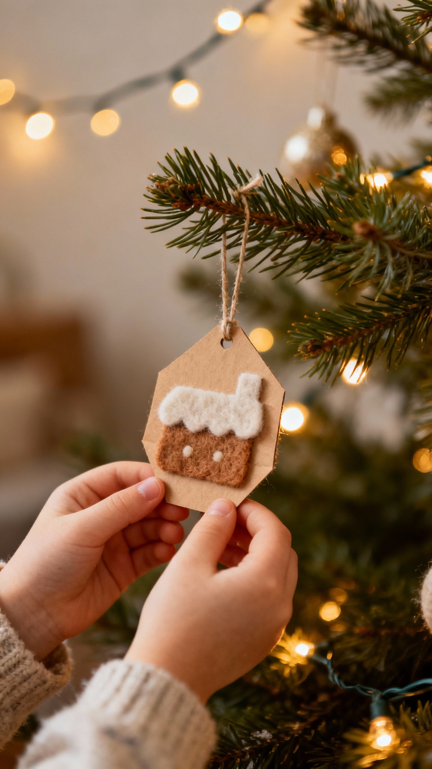 Child’s hands hanging handmade paper ornament on pine branch, soft bokeh string lights, felt textu