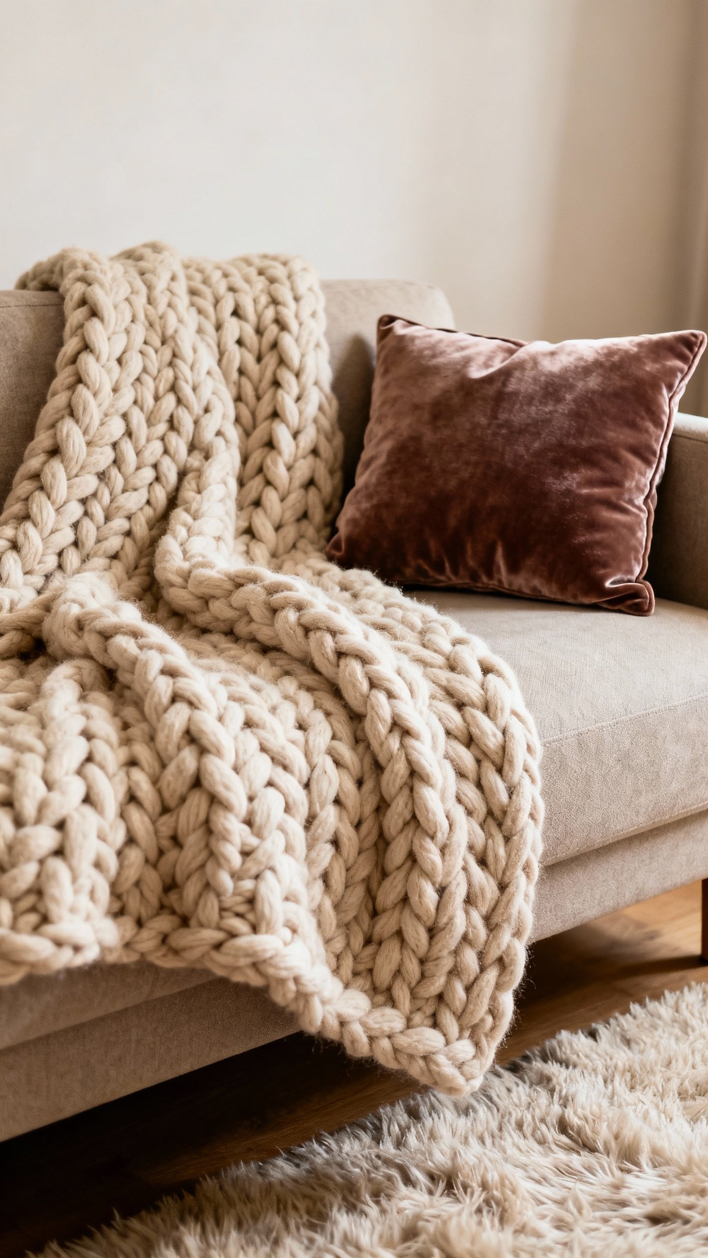 Chunky knit throw and velvet pillow on sofa, soft rug underneath