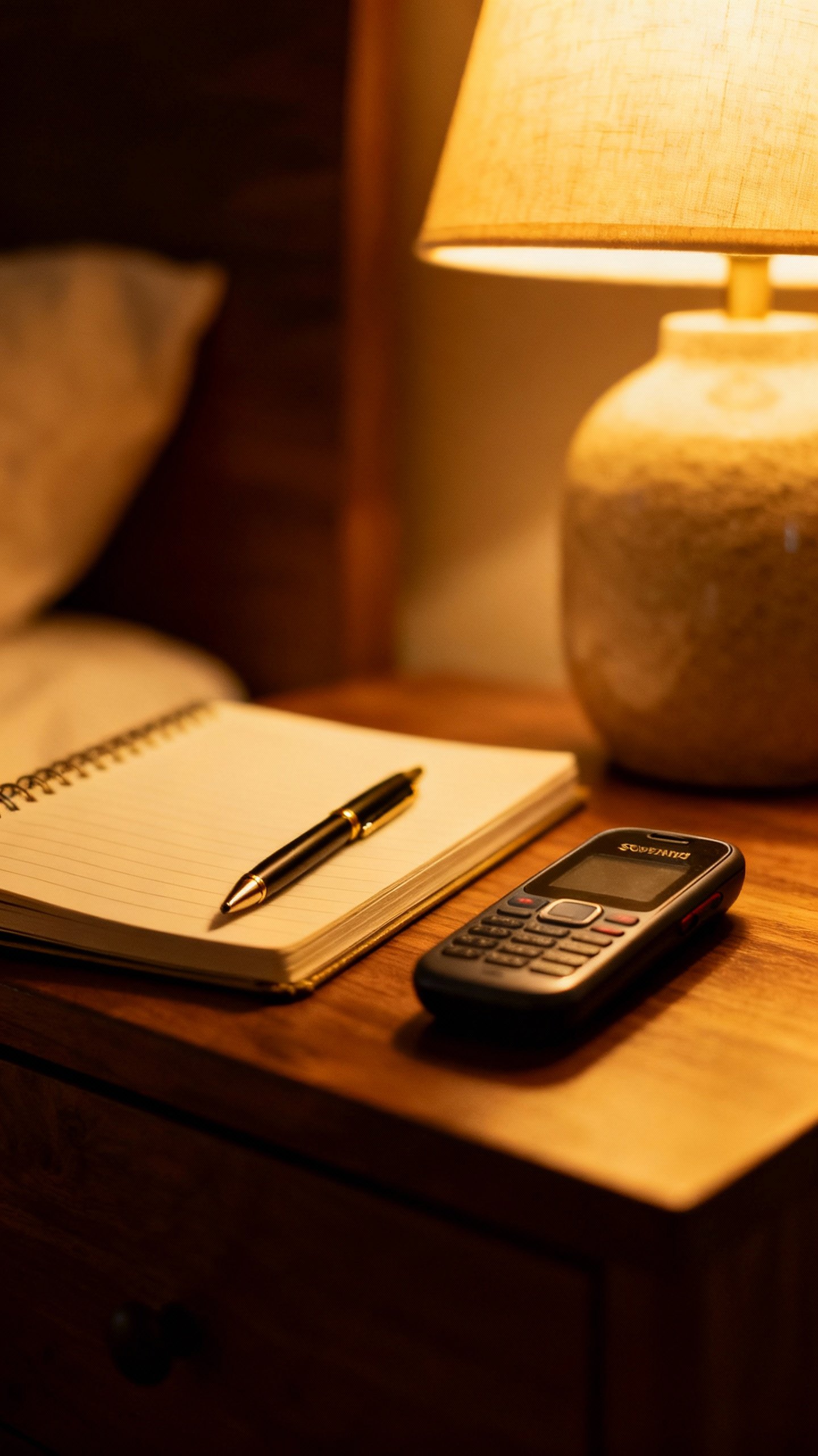 Closeup bedside notebook and pen, soft lamp glow, shutdown alarm phone face down