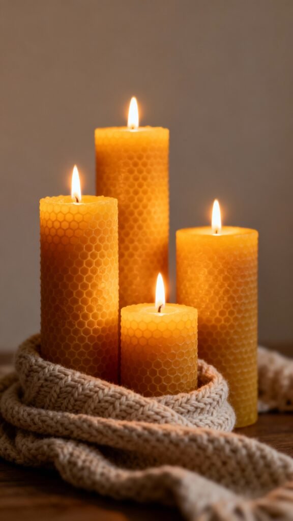 Closeup beeswax candles at varied heights, warm glow, knit throw