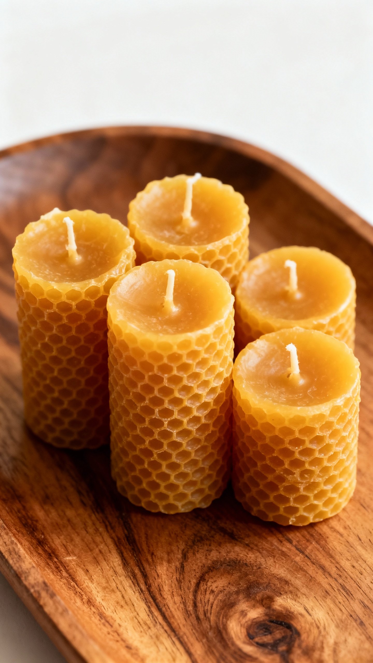 Closeup cluster of beeswax candles on wooden tray, odd numbers, soft warm light