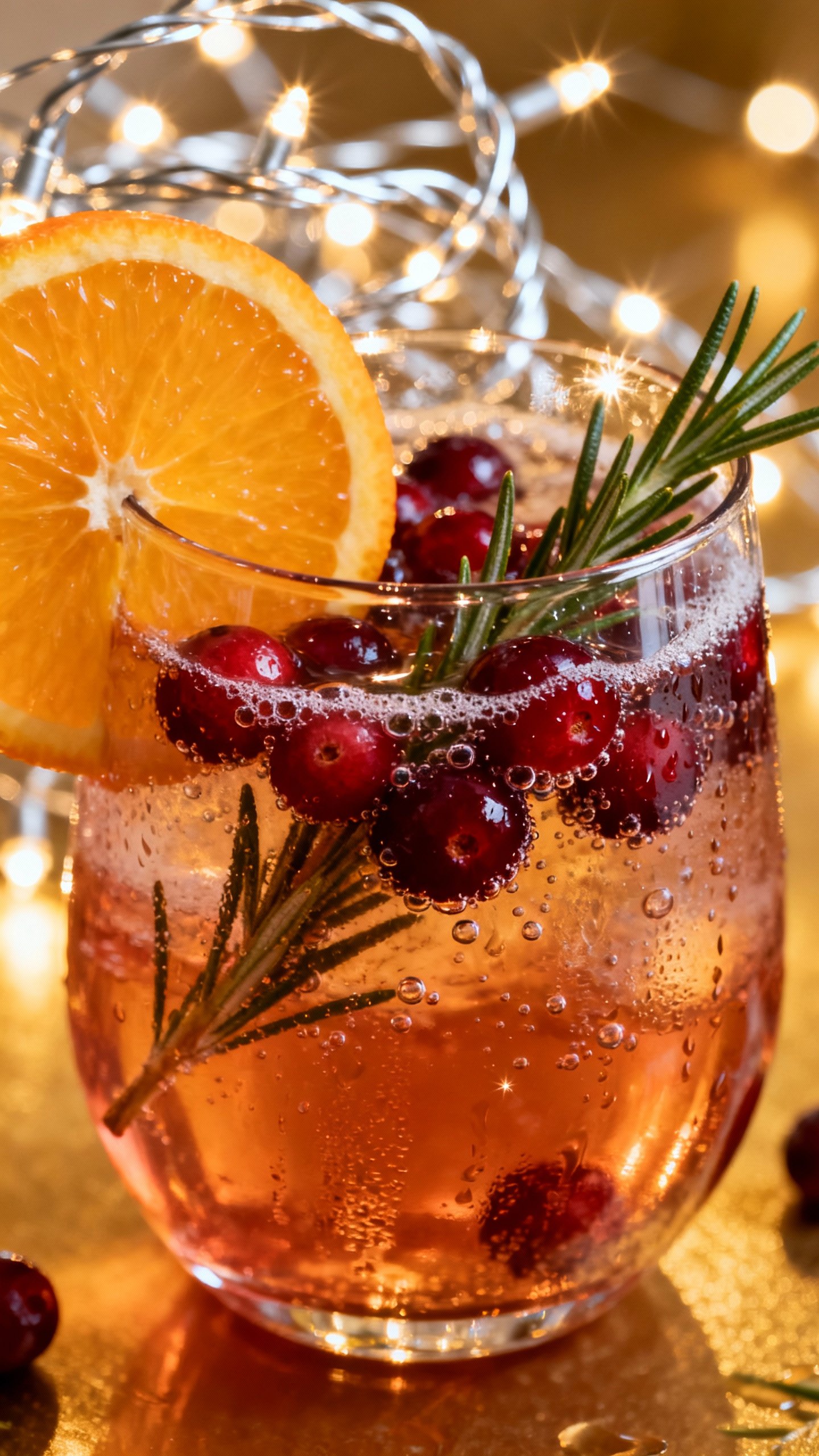 Closeup cranberry rosemary spritz in glass, orange slice, sparkling bubbles, silver string lights bo