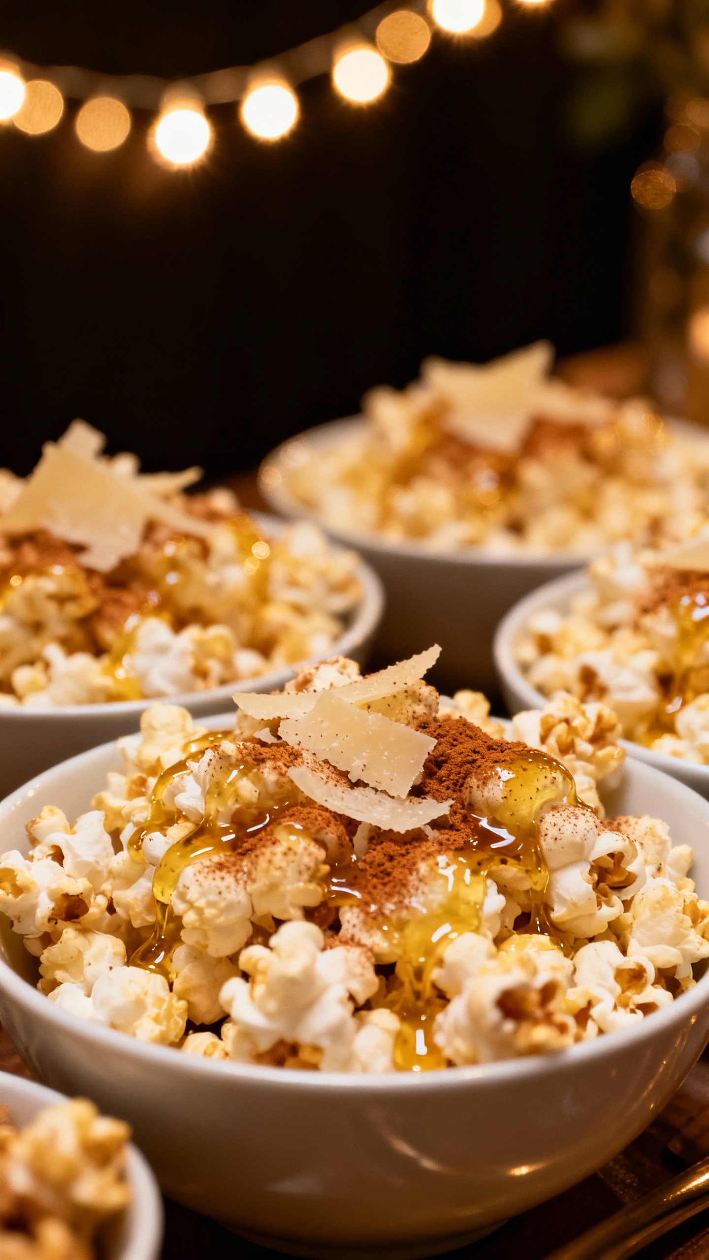 Closeup gourmet popcorn bar bowls, truffle oil drizzle, parmesan, cinnamon sugar, warm string lights