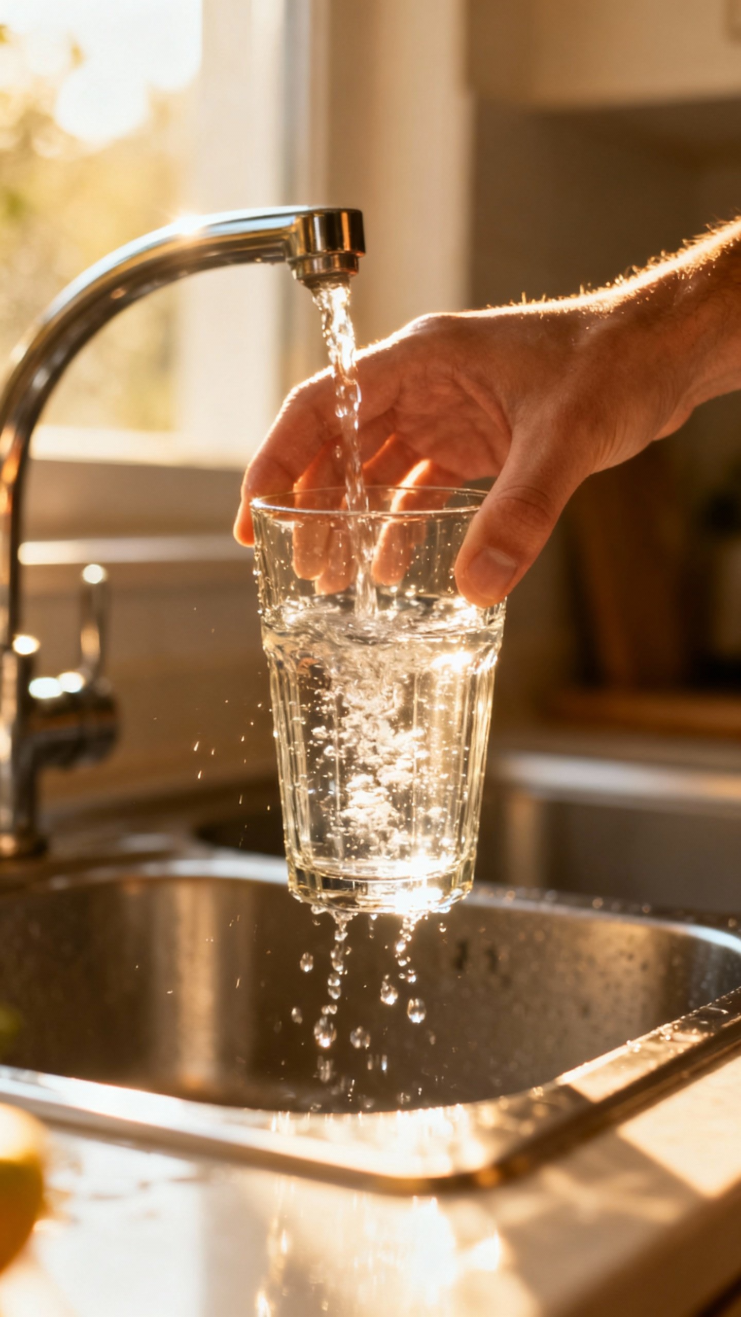 Closeup hand pouring water into clear glass, morning sunlight, kitchen sink