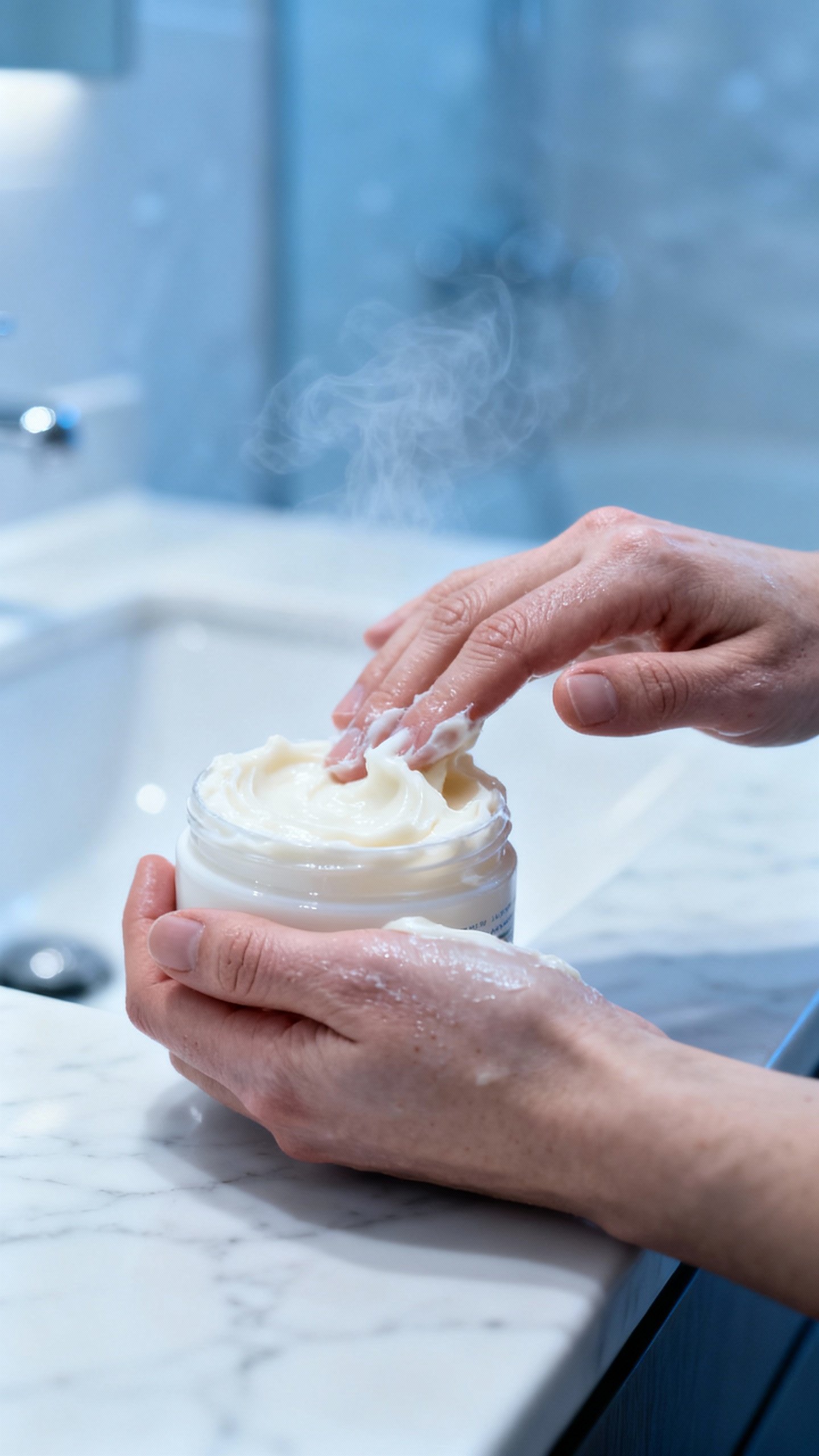 Closeup hands applying thick balm over moisturizer, winter-lit bathroom