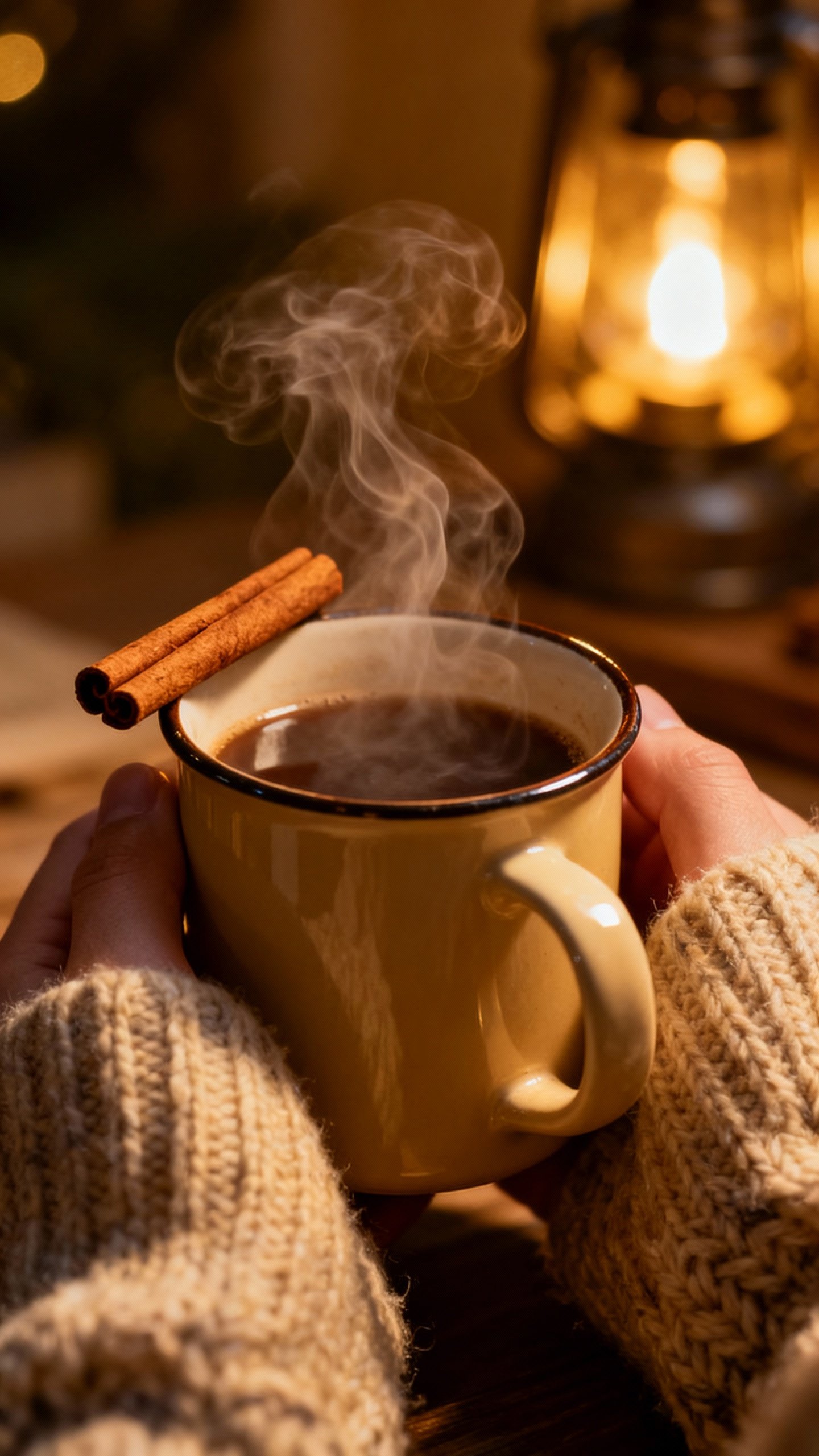 Closeup hands around steaming mug, cinnamon stick, soft lamplight, wool sweater sleeves