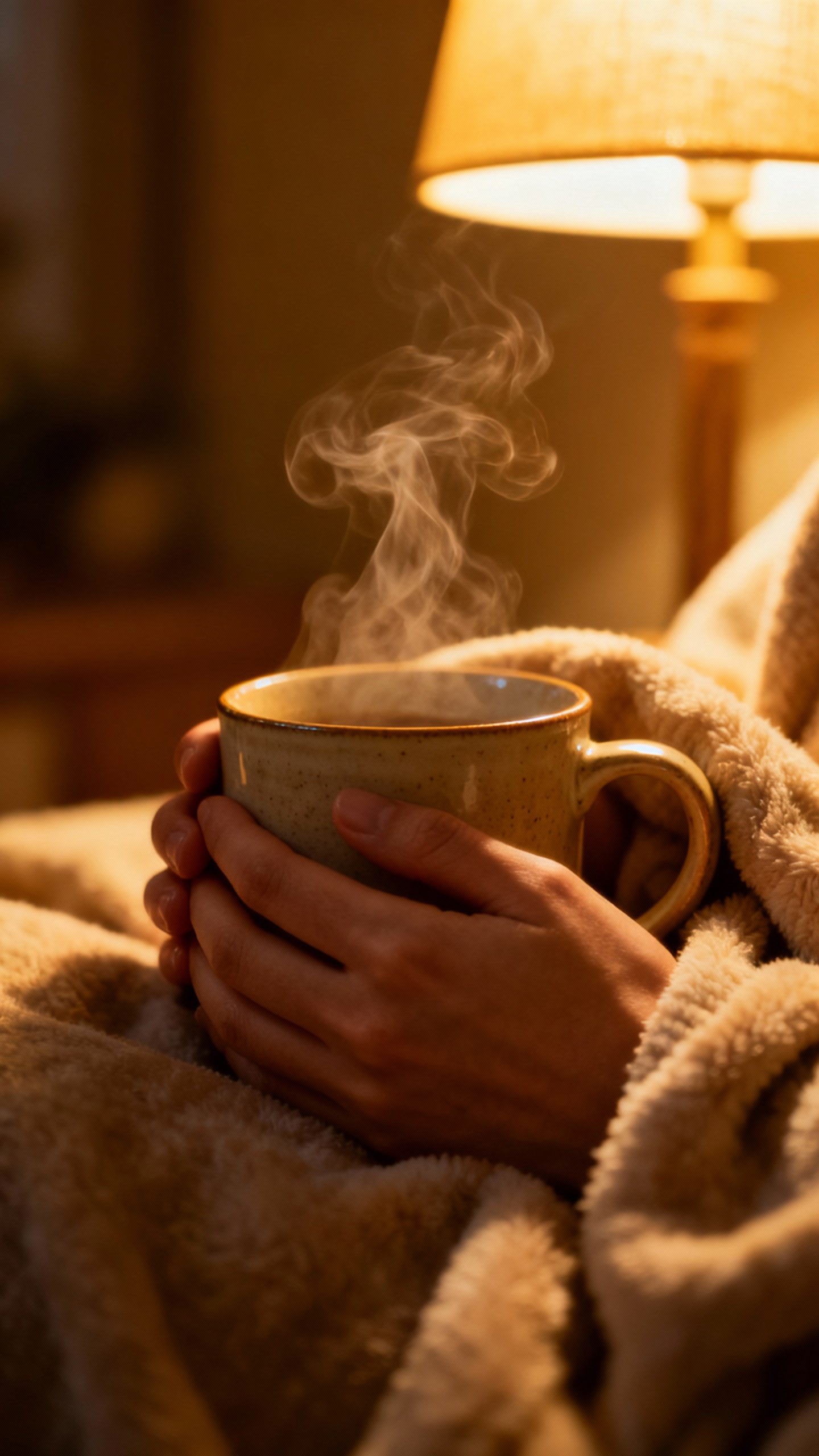 Closeup hands cradling steaming ceramic mug, soft blanket, warm lamplight