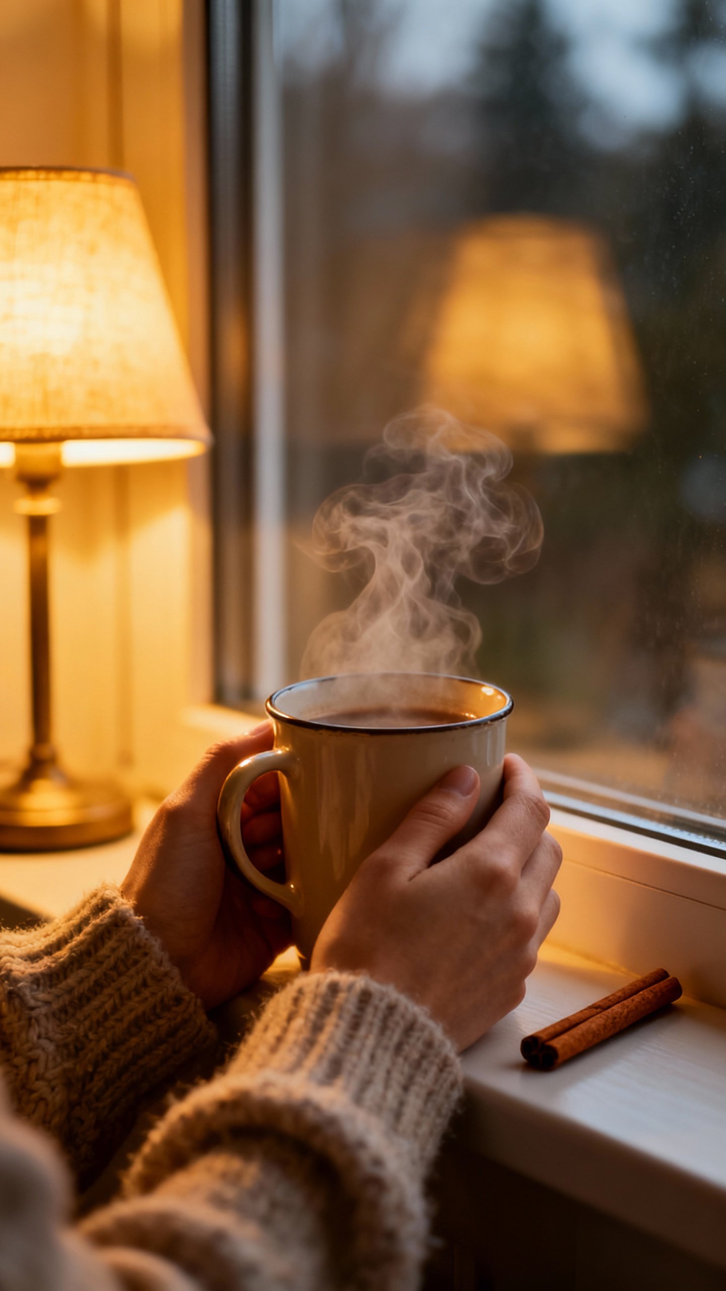 Closeup hands holding steaming mug by window, warm lamp glow, cinnamon stick, wool sweater sleeves