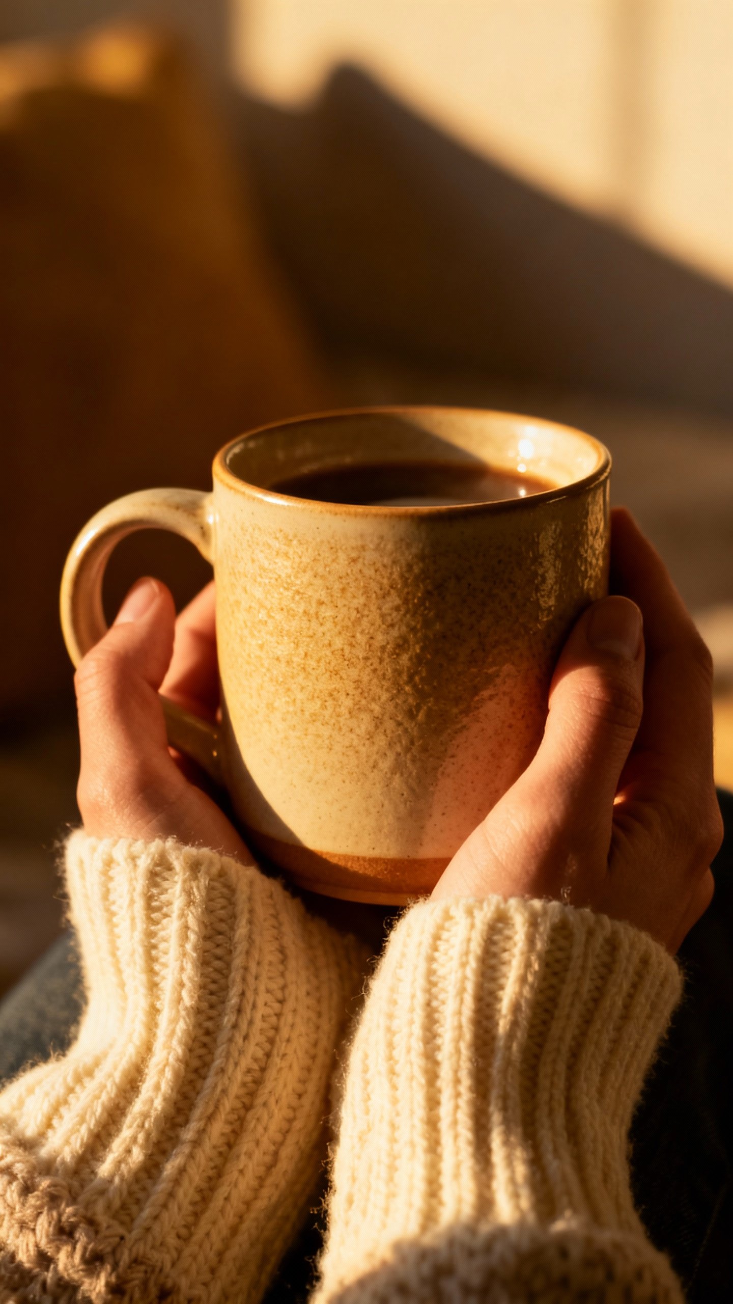 Closeup hands holding warm mug in sunlight, cozy socks