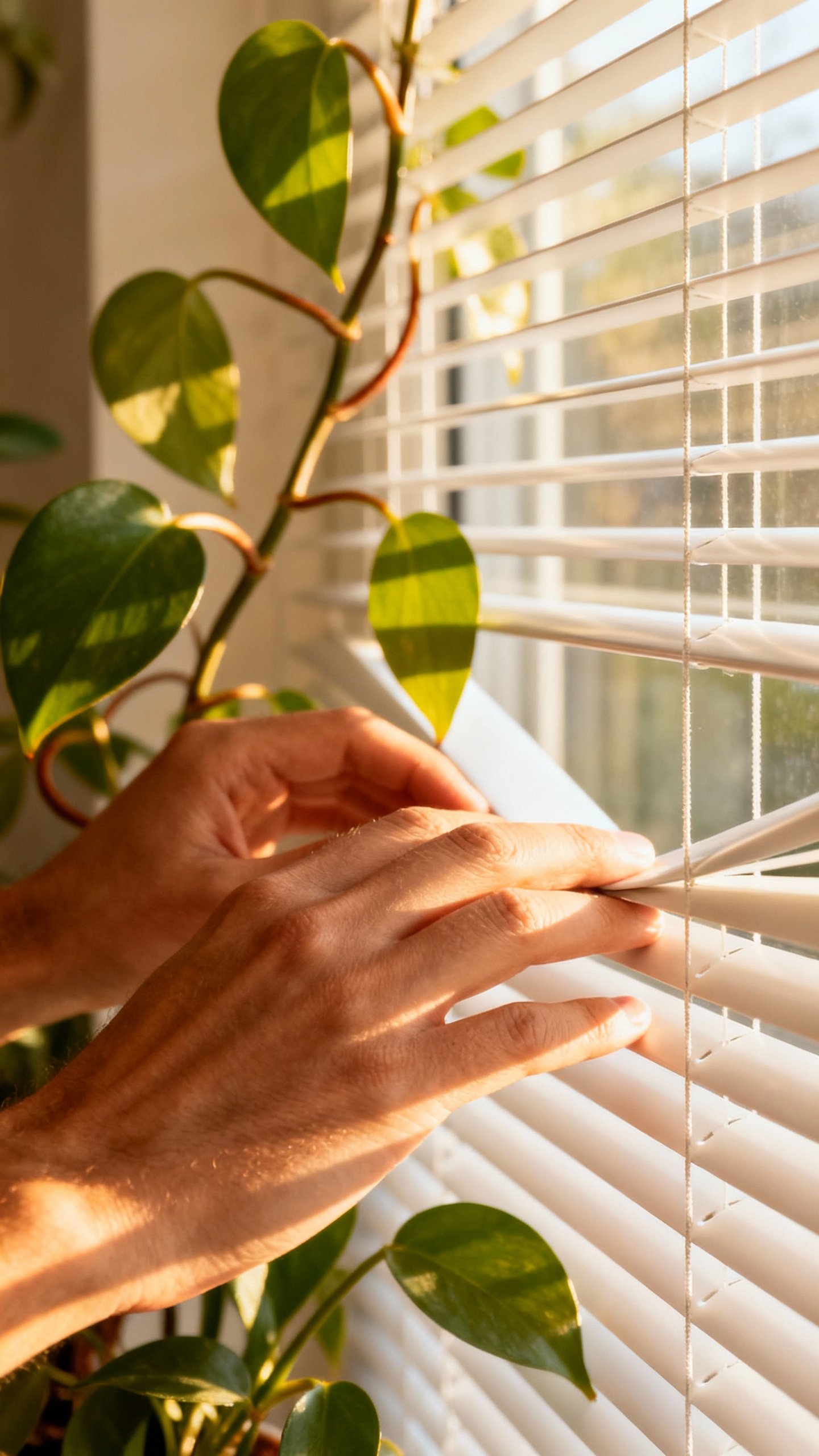 Closeup hands opening white blinds, morning light, houseplants