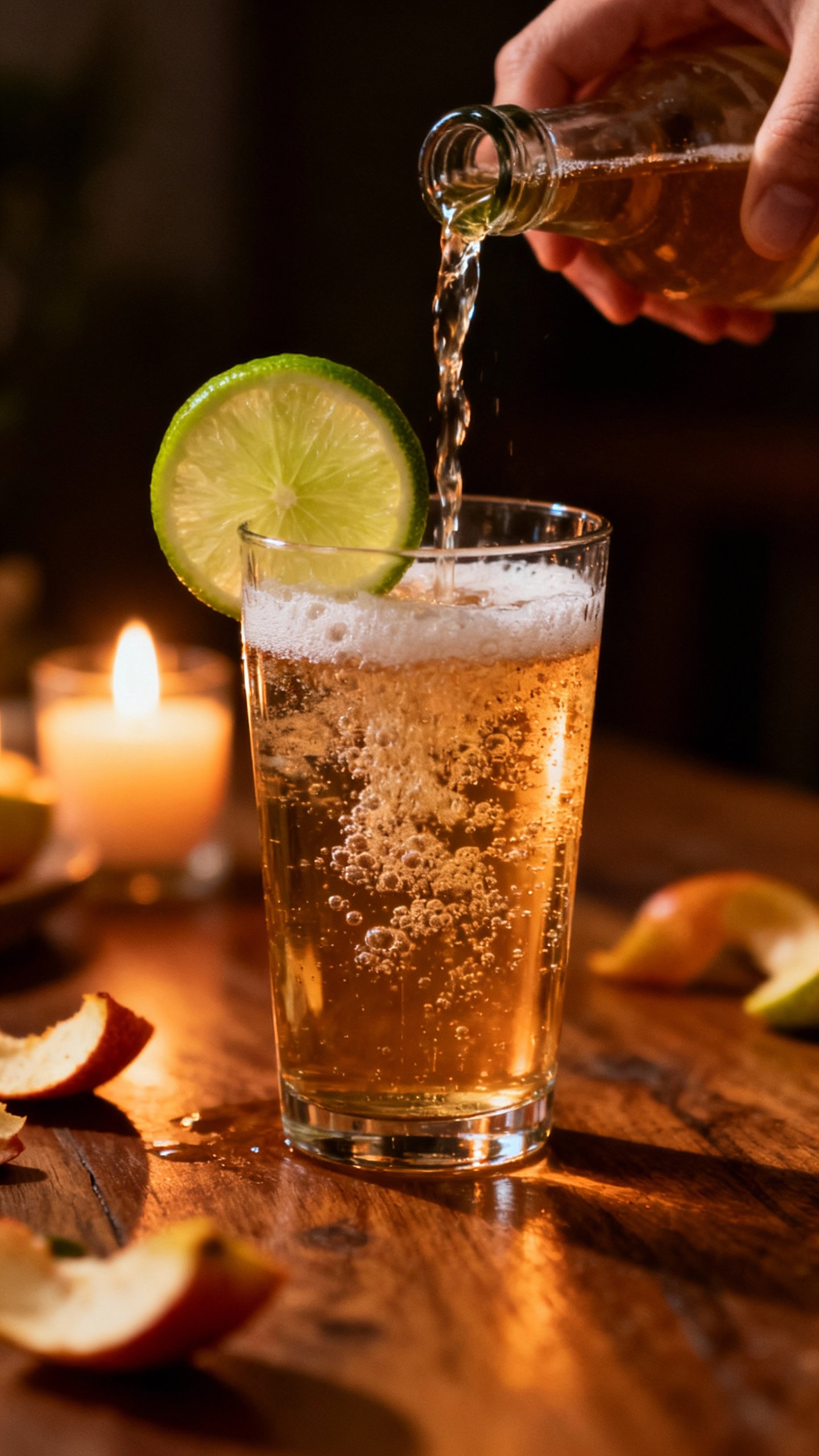 Closeup hands pouring sparkling cider with lime, candlelit table