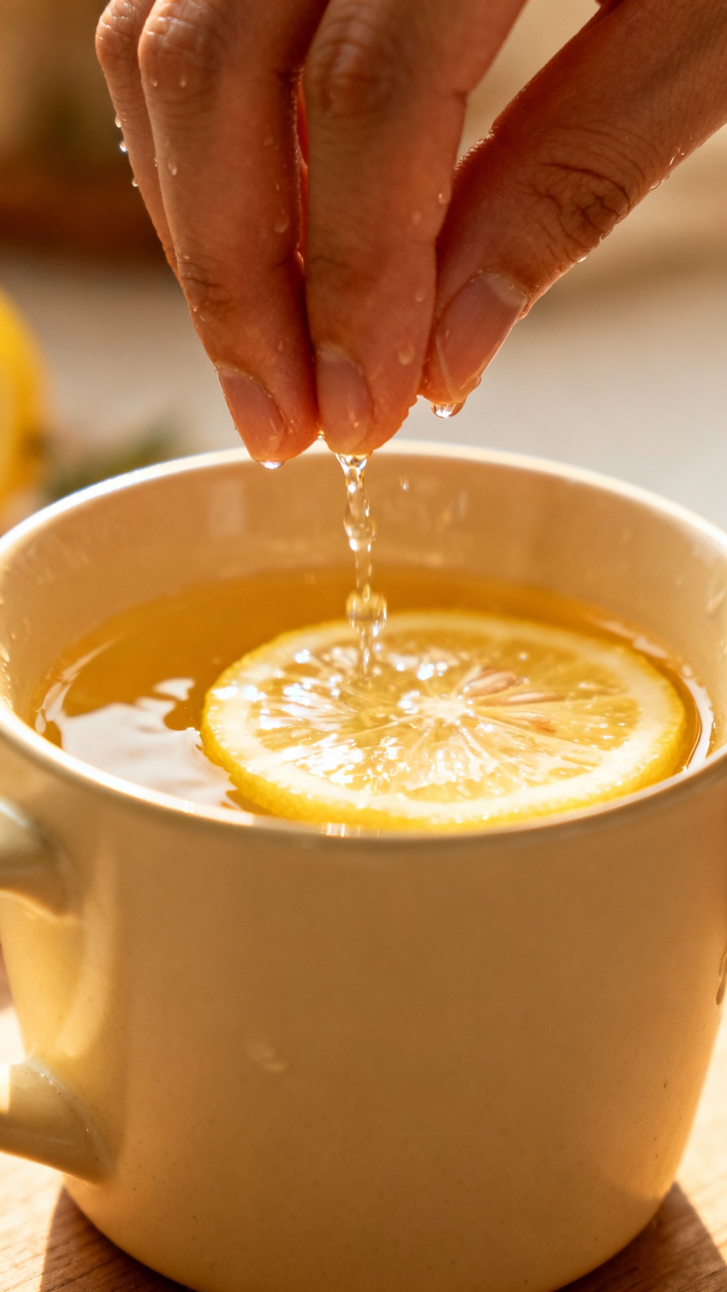Closeup hands pouring warm lemon water into ceramic mug