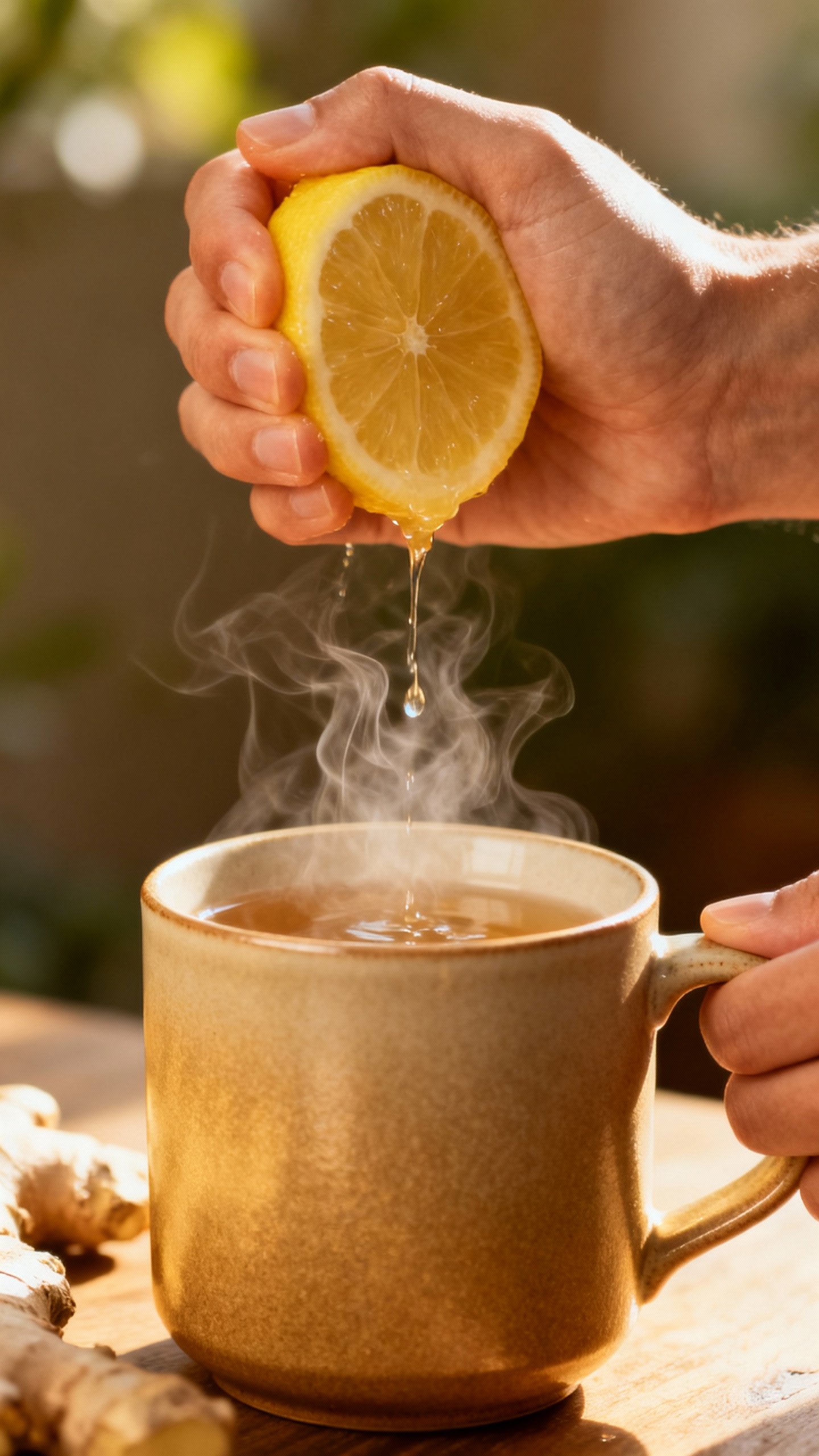 Closeup hands squeezing lemon into steaming ginger tea, ceramic mug