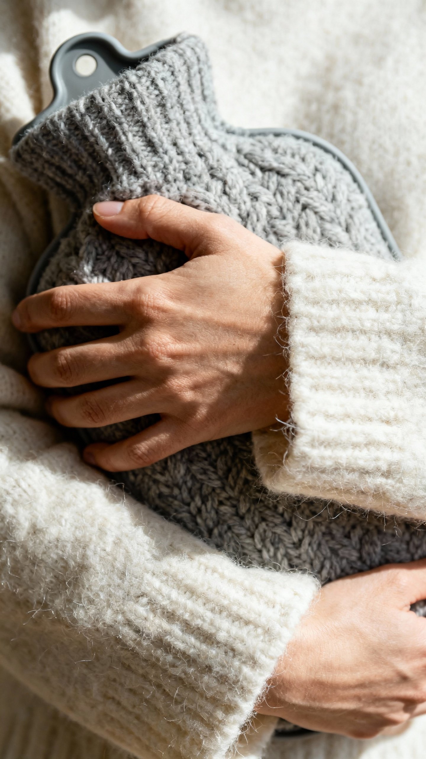 Closeup hands wrapping hot water bottle in wool cover
