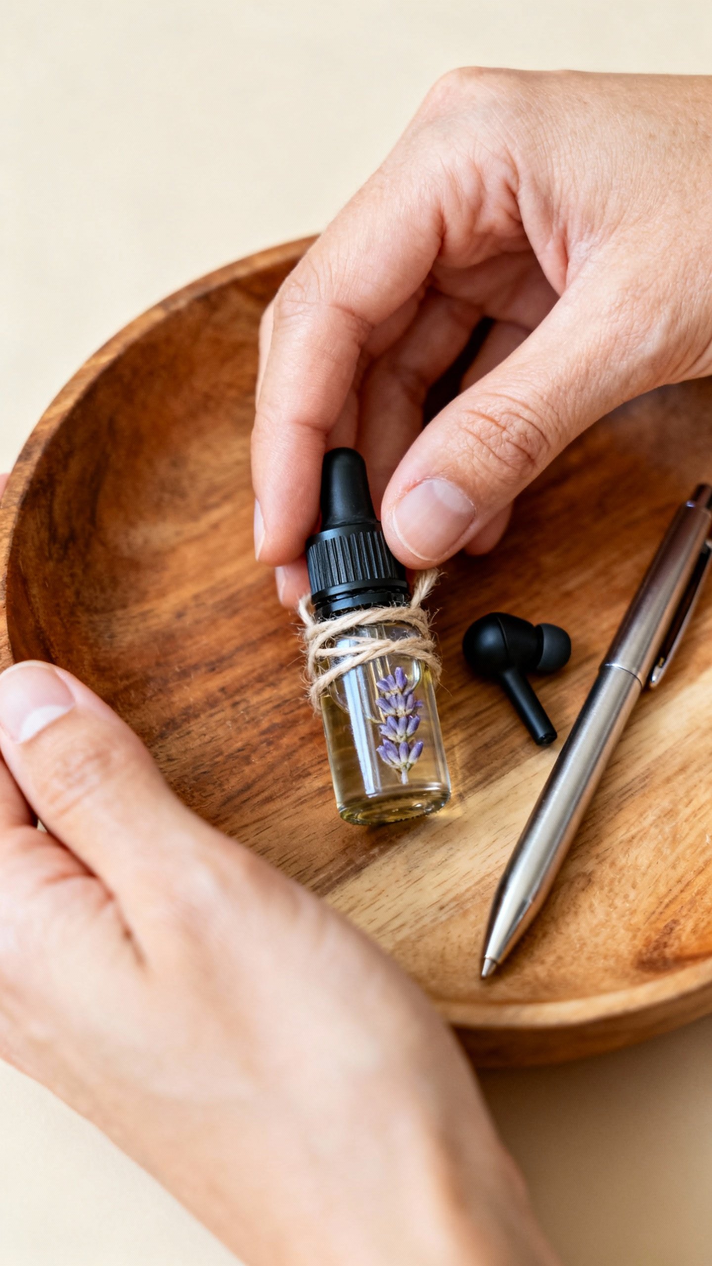 Closeup hands wrapping lavender oil, earbuds, pen in small tray