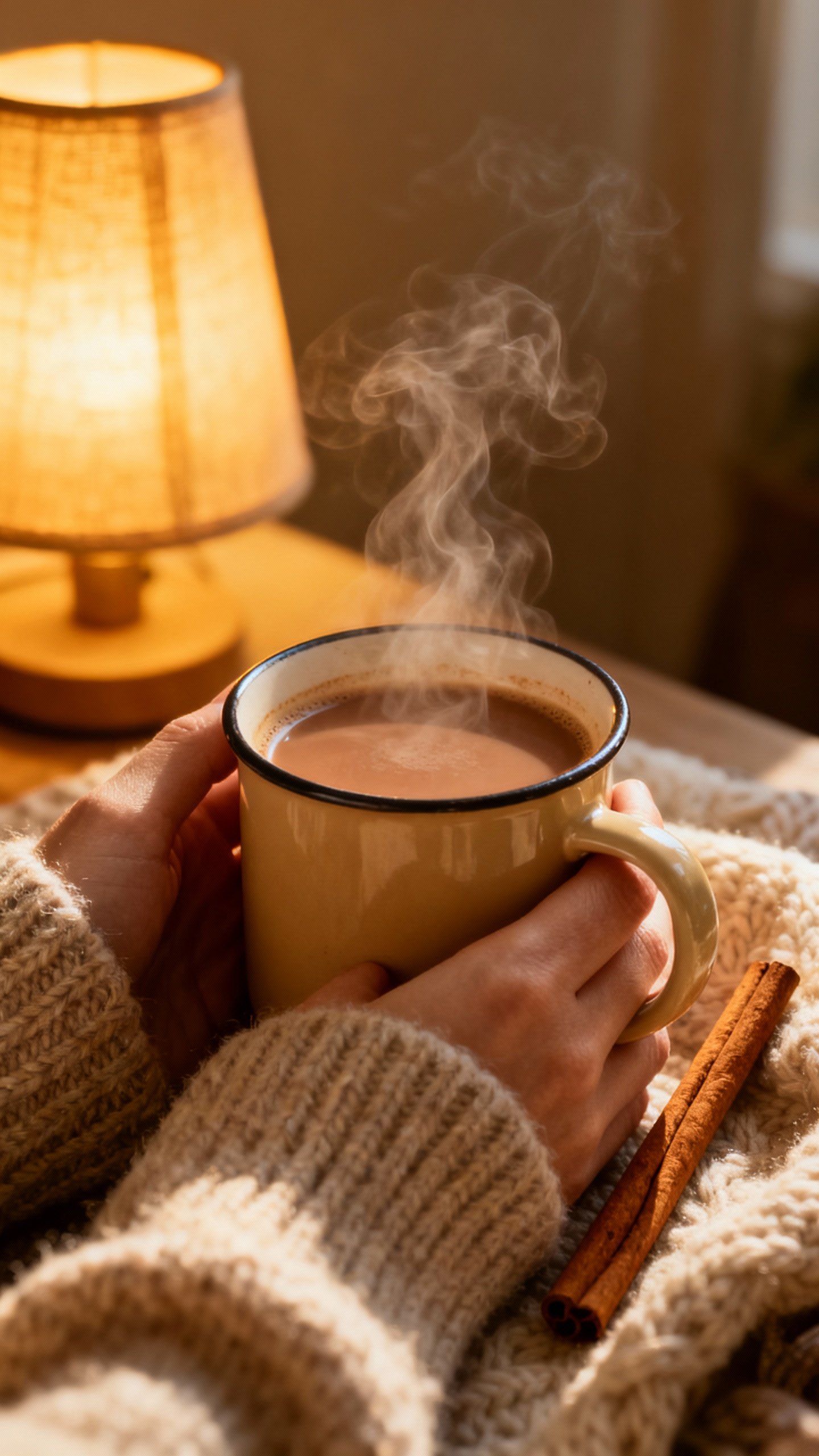 Closeup hands wrapping mug of chai tea, steam, cinnamon stick, wool sweater sleeves, warm lamp glow
