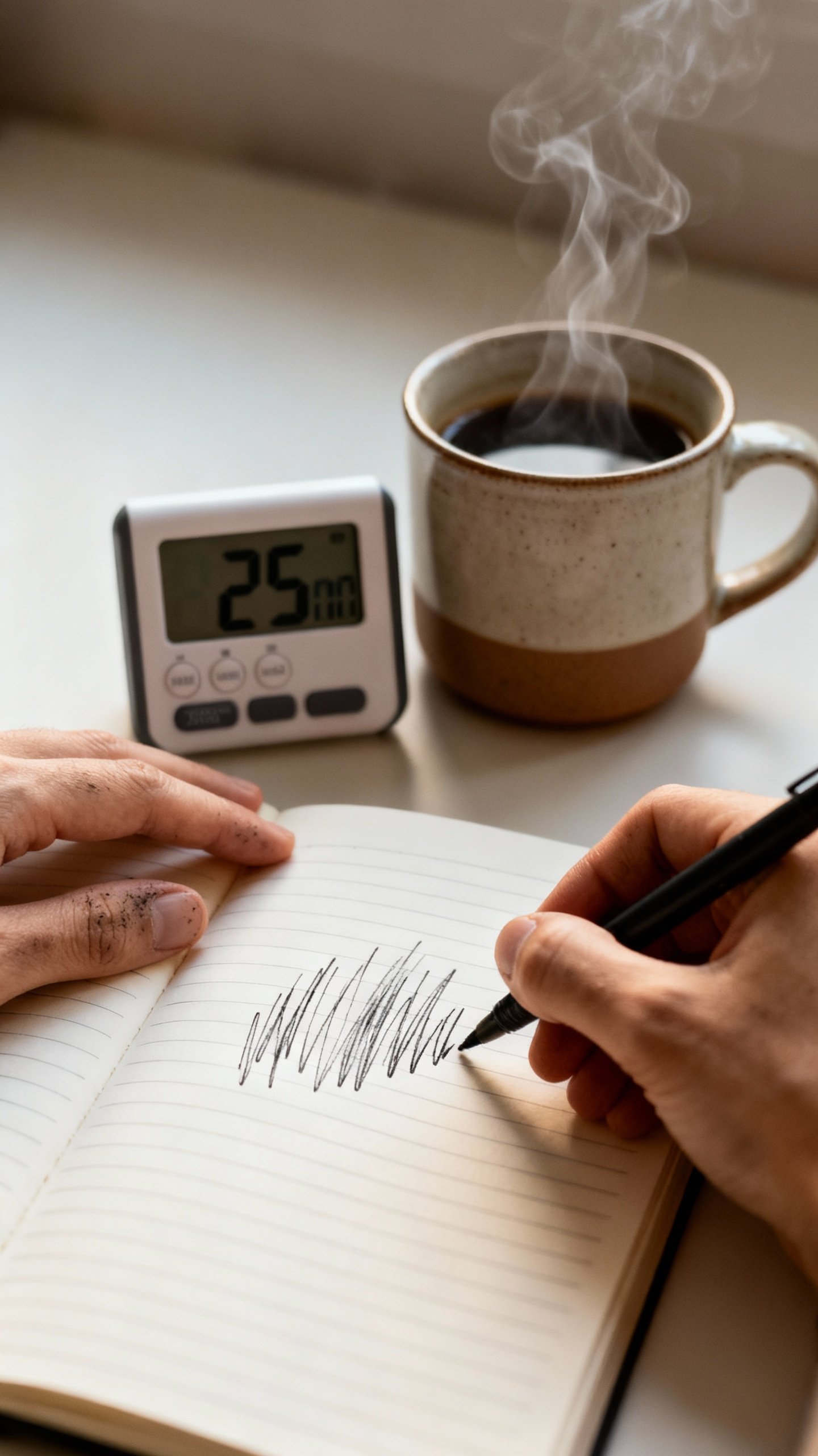 Closeup hands writing brain dump in notebook, timer, coffee