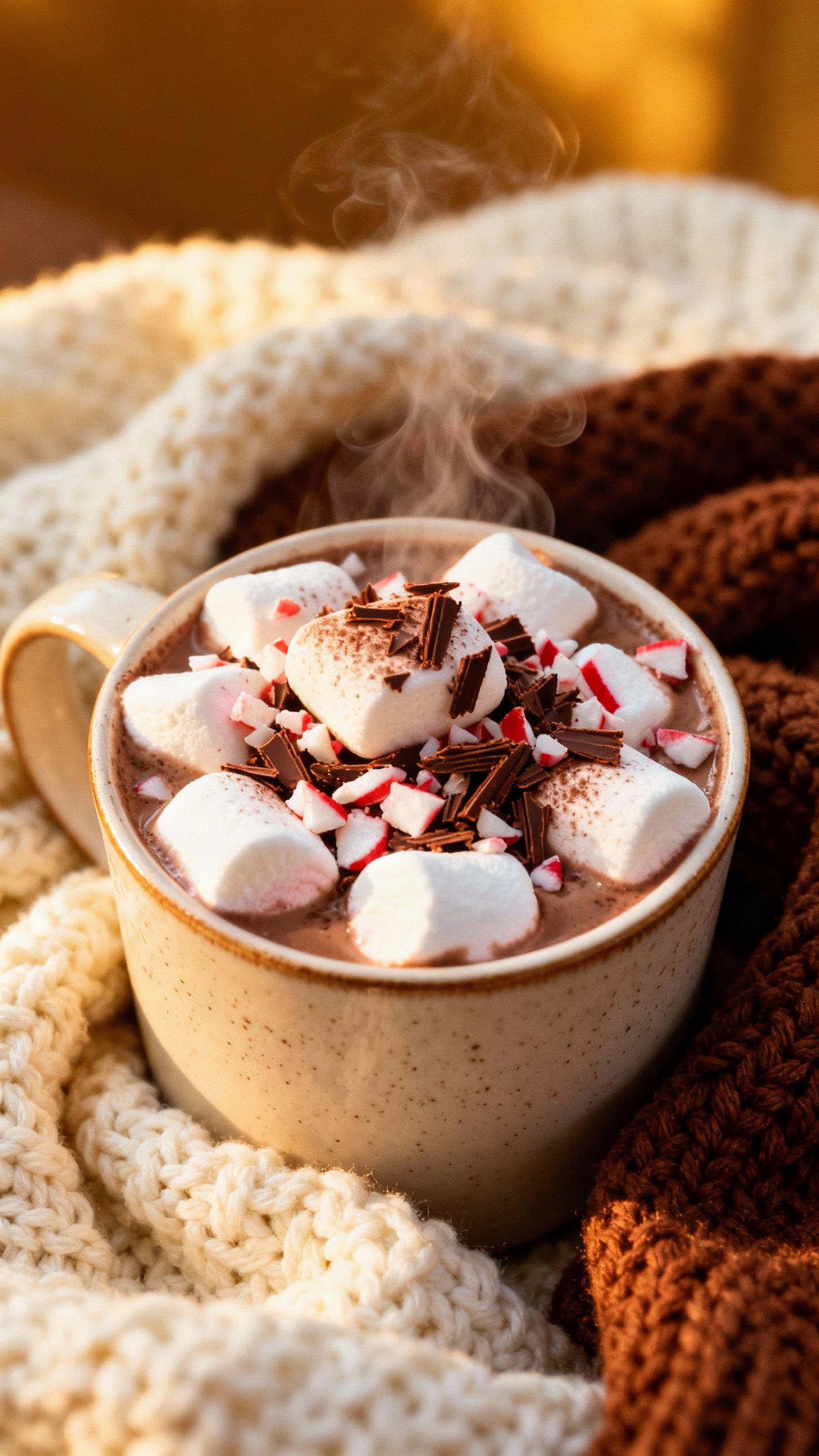Closeup hot chocolate station mug with marshmallows, crushed peppermint, chocolate shavings, cozy kn