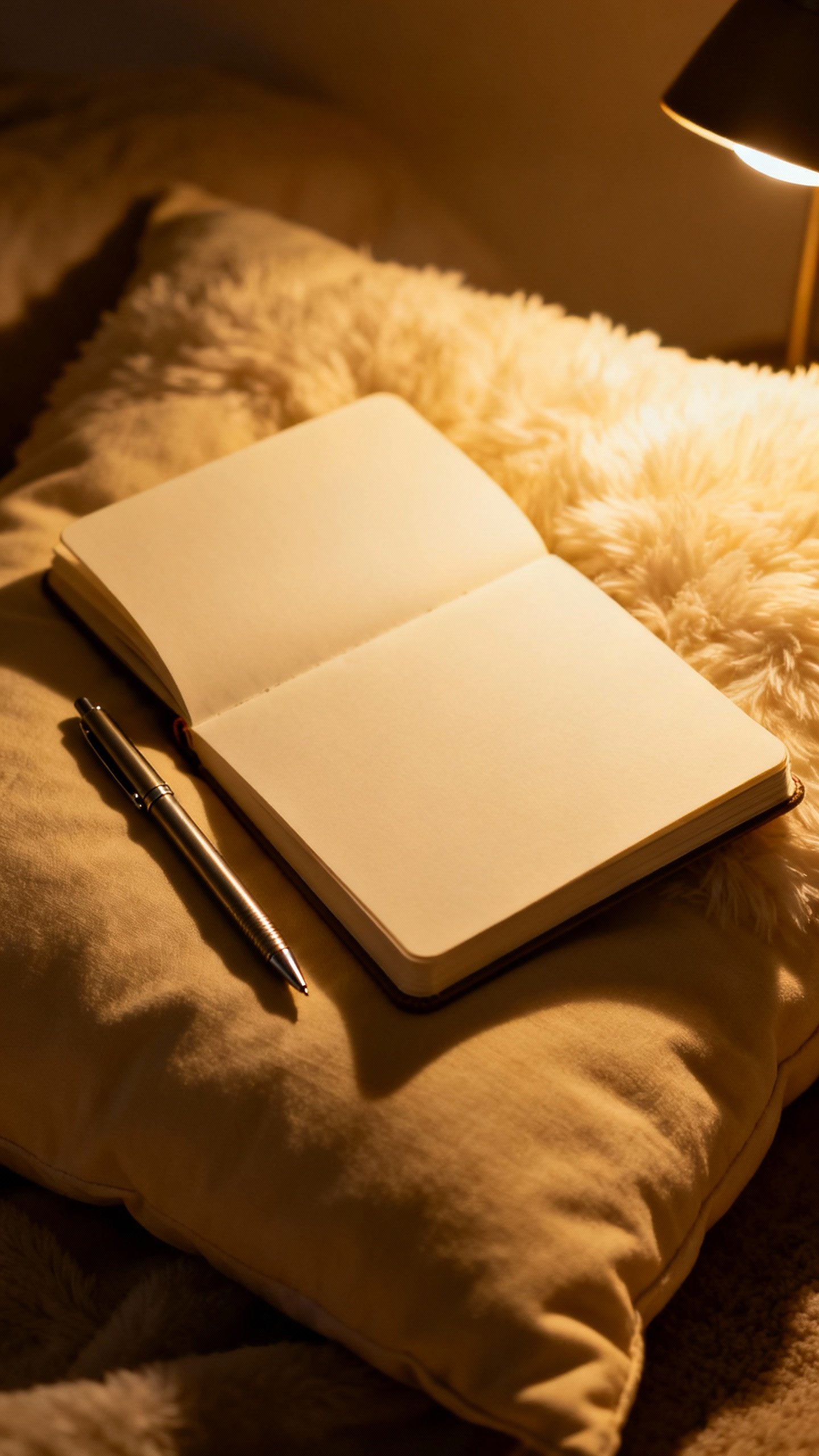 Closeup journal on pillow with pen, warm lamplight