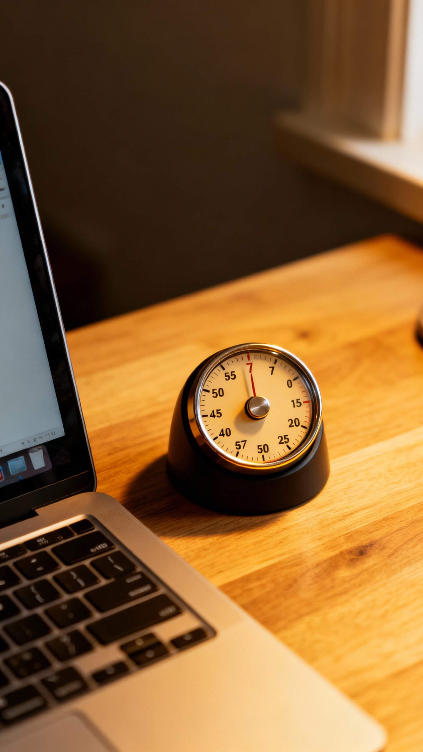 Closeup kitchen timer set to seven minutes, wooden desk, laptop nearby