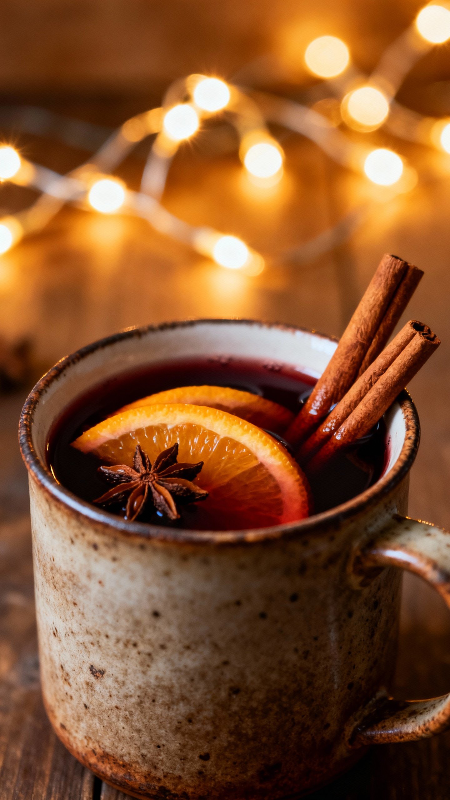Closeup mulled wine in rustic mug, orange peel, star anise, cinnamon sticks, warm string lights boke