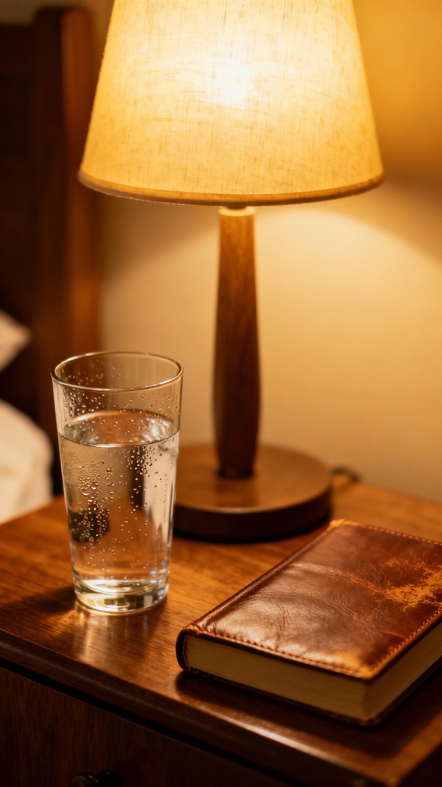 Closeup nightstand: warm lamp, water glass, single book