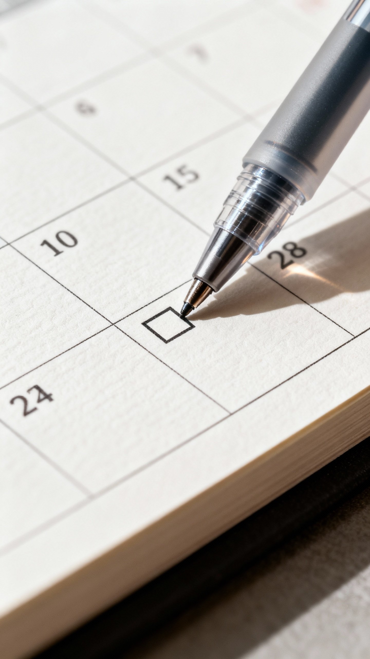 Closeup of a calendar with one small box checked, gel pen resting on the edge and paper texture visi