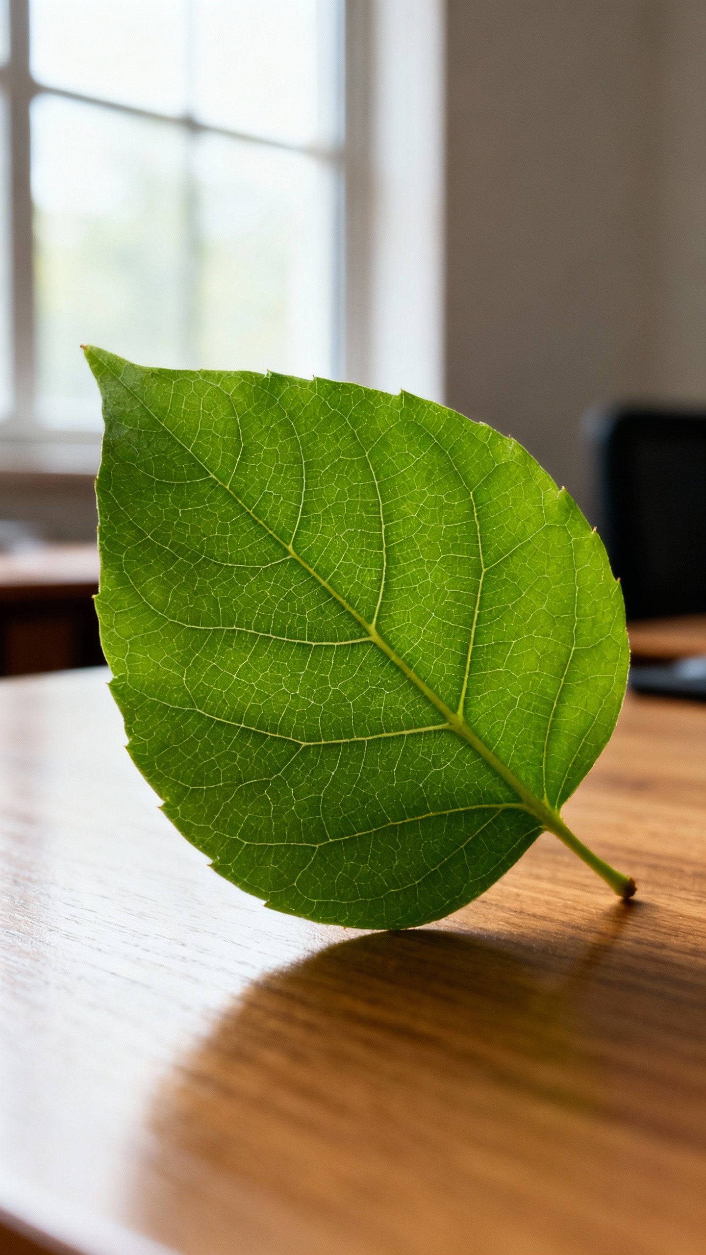 Closeup of a single green leaf on desk, visible veins, soft window light
