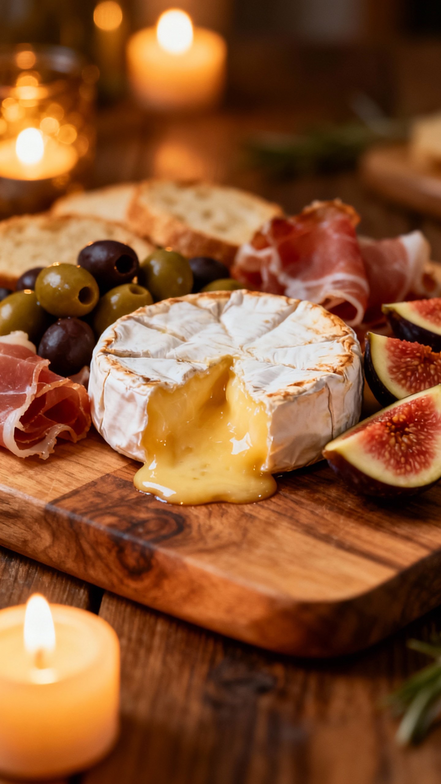 Closeup of baked brie oozing on wooden board, marinated olives, prosciutto, fig halves, warm candlel